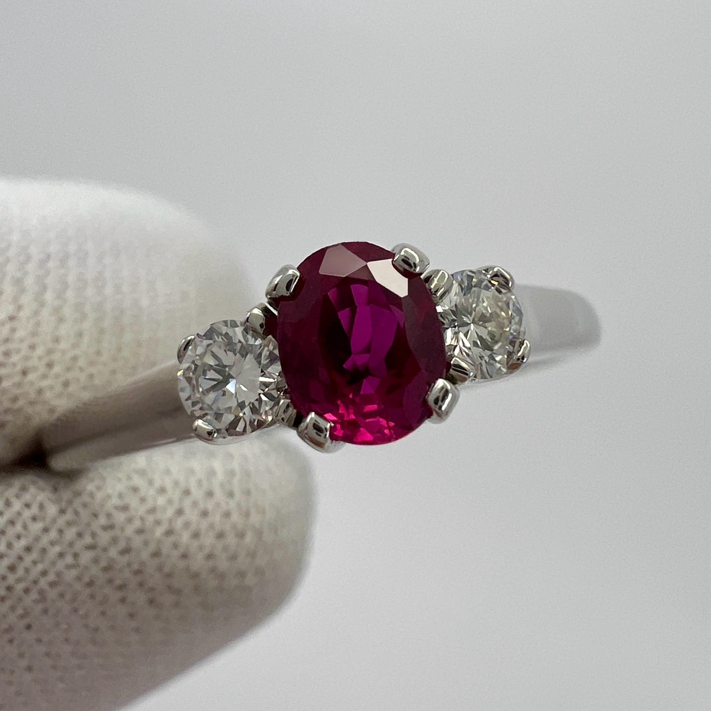 Vintage Tiffany & Co Oval Cut Pink Red Ruby & Diamond Platinum Three Stone Ring For Sale 6