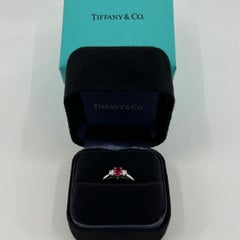 Vintage Tiffany & Co Oval Cut Pink Red Ruby & Diamond Platinum Three Stone Ring