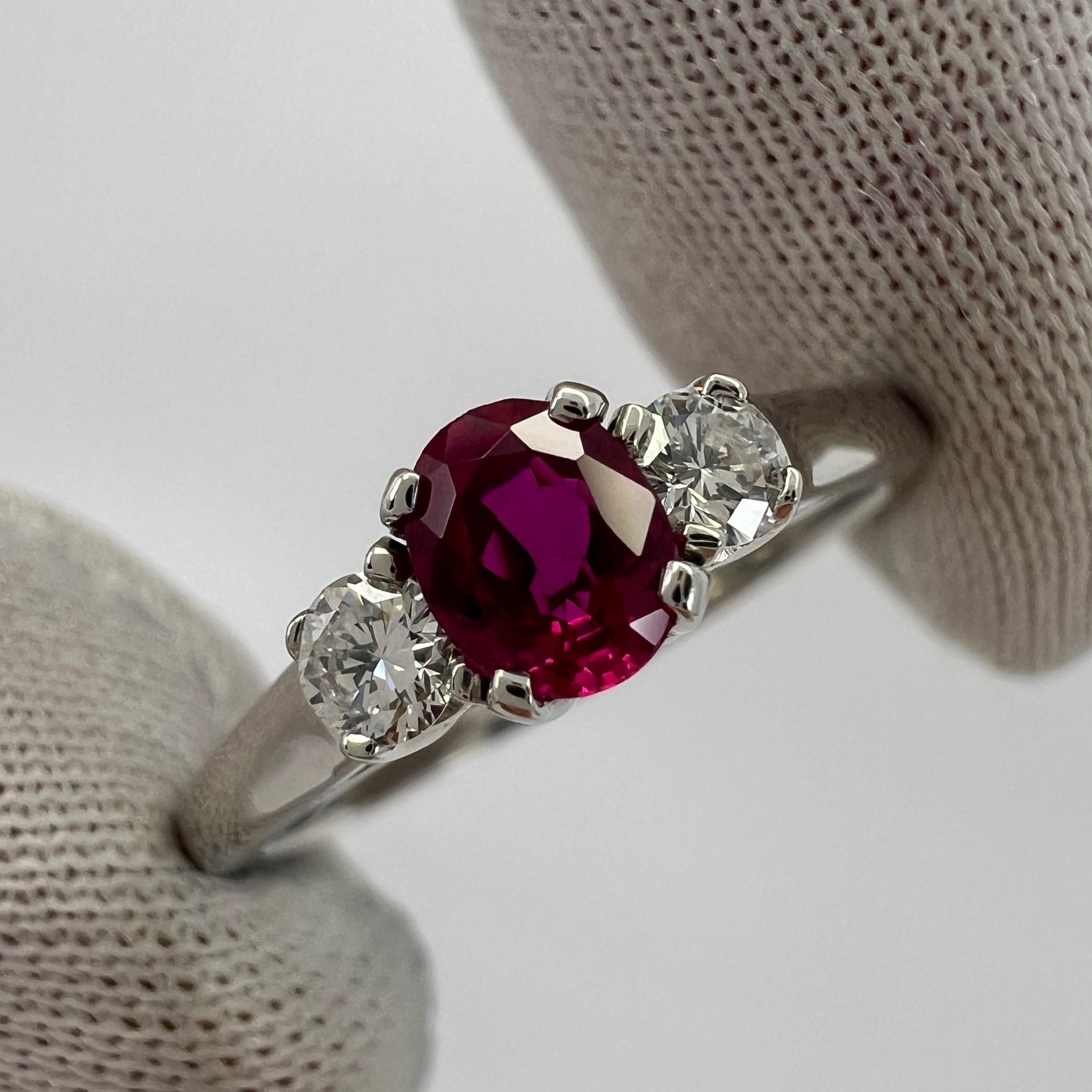 Women's or Men's Vintage Tiffany & Co Oval Cut Pink Red Ruby & Diamond Platinum Three Stone Ring For Sale