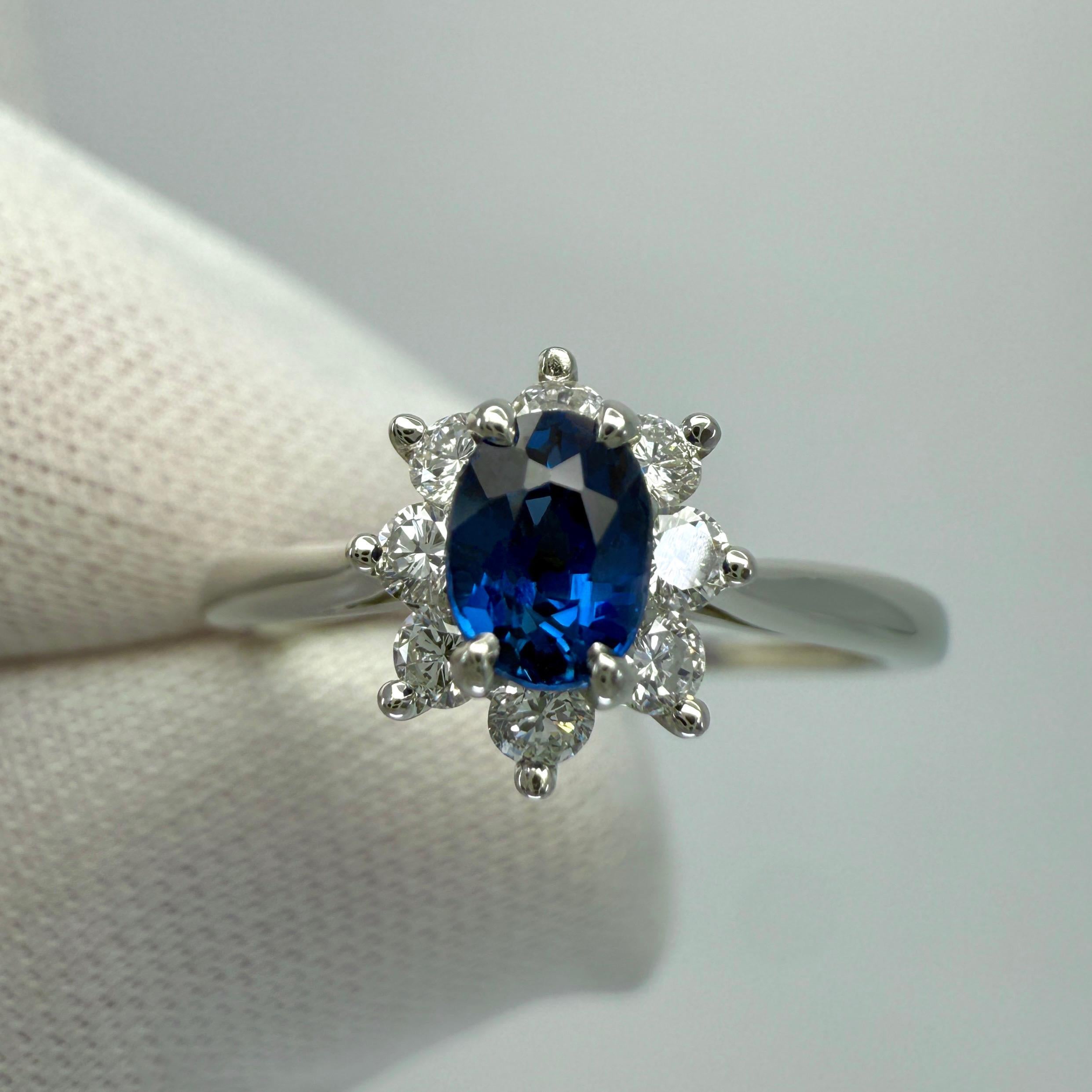 Taglio ovale Vintage Tiffany & Co. Anello con zaffiro blu reale ovale e diamante in platino con anello a raggiera in vendita