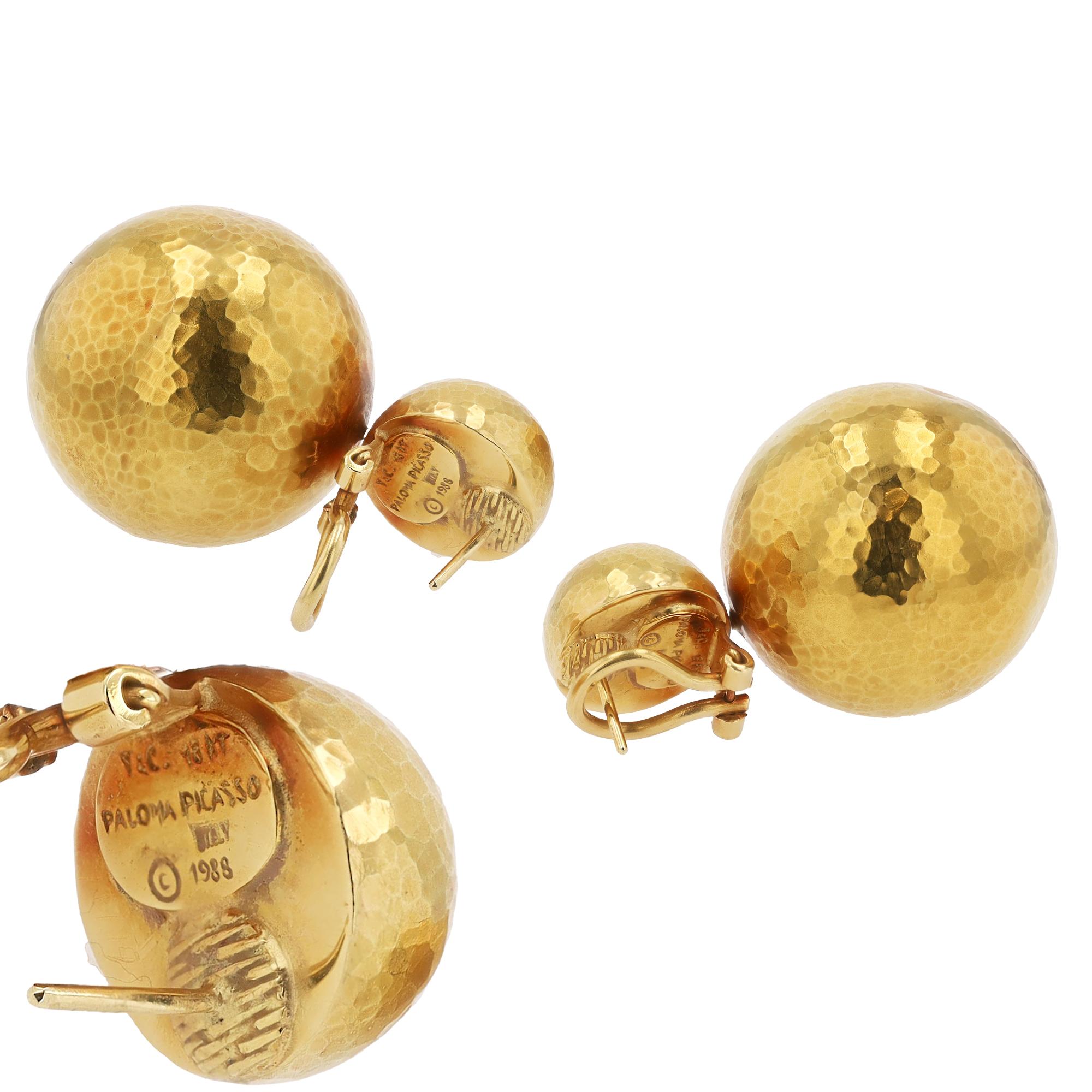 Vintage Tiffany & Co Paloma Picasso 18k Gold Hammered Planets Drop Earrings In Good Condition For Sale In Santa Barbara, CA