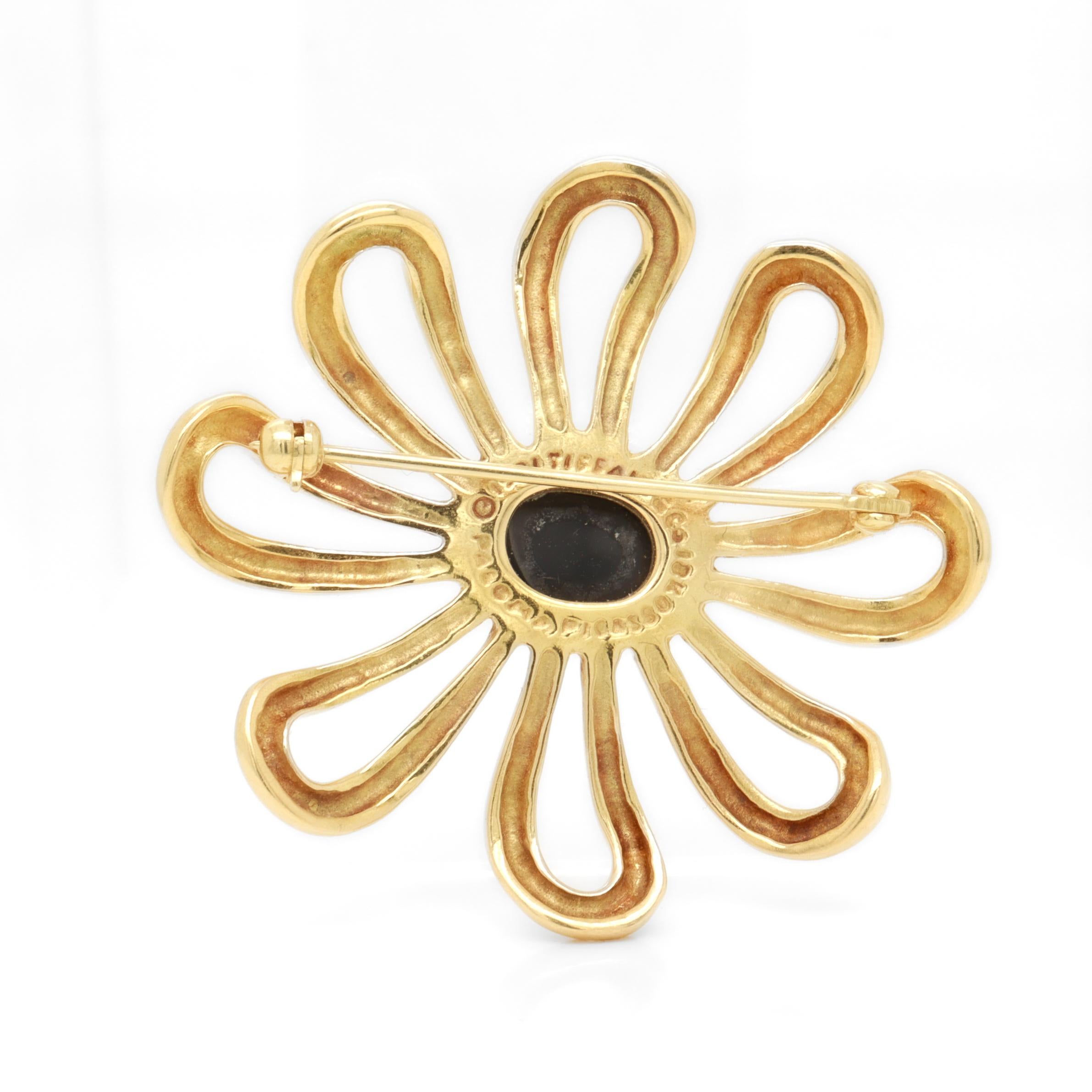 Vintage Tiffany & Co. Paloma Picasso 18K Gold & Onyx Daisy or Flower Brooch In Good Condition In Philadelphia, PA