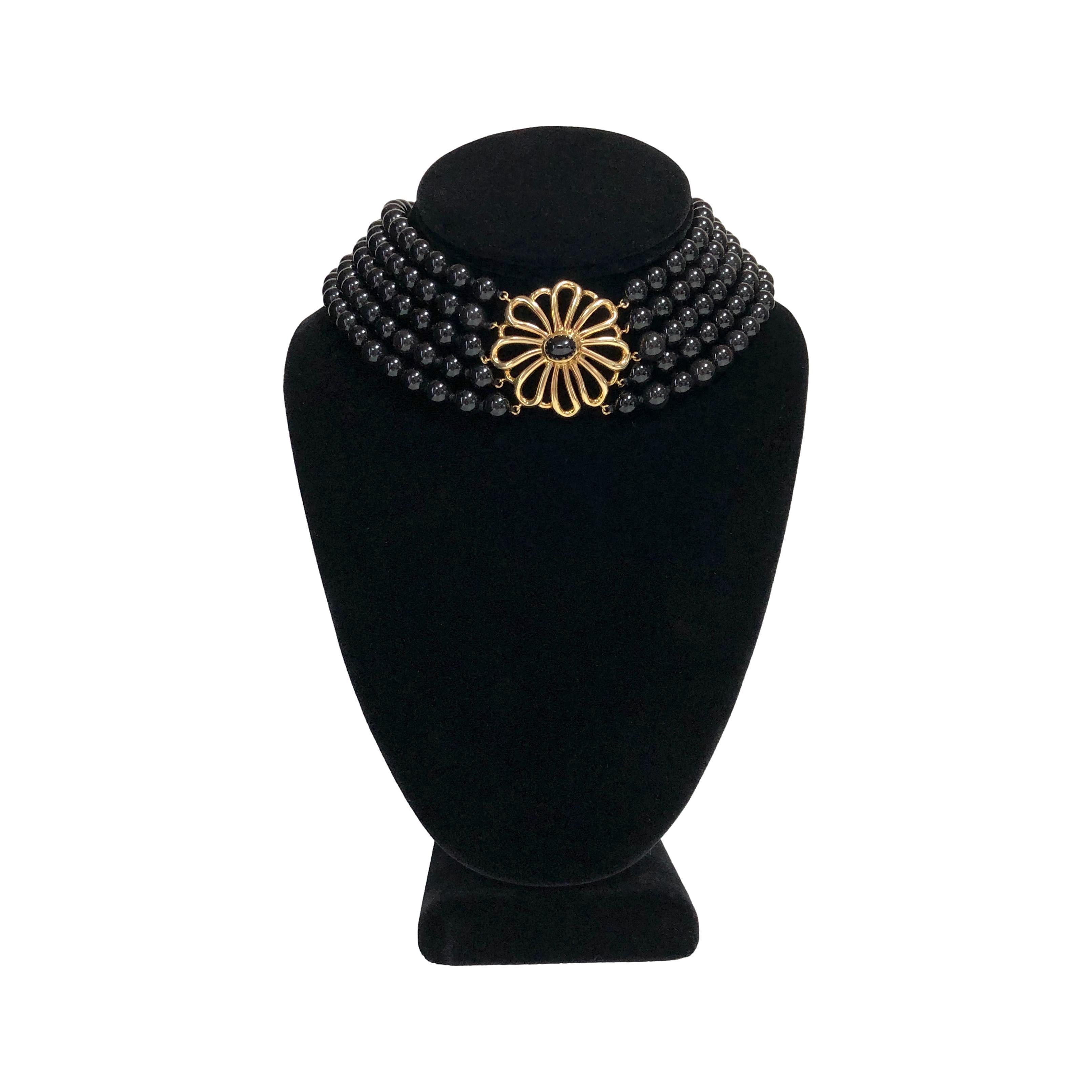 Vintage Tiffany & Co. Paloma Picasso 5-Strand Onyx + 18K Y Gold Choker Necklace In Excellent Condition In New York, NY