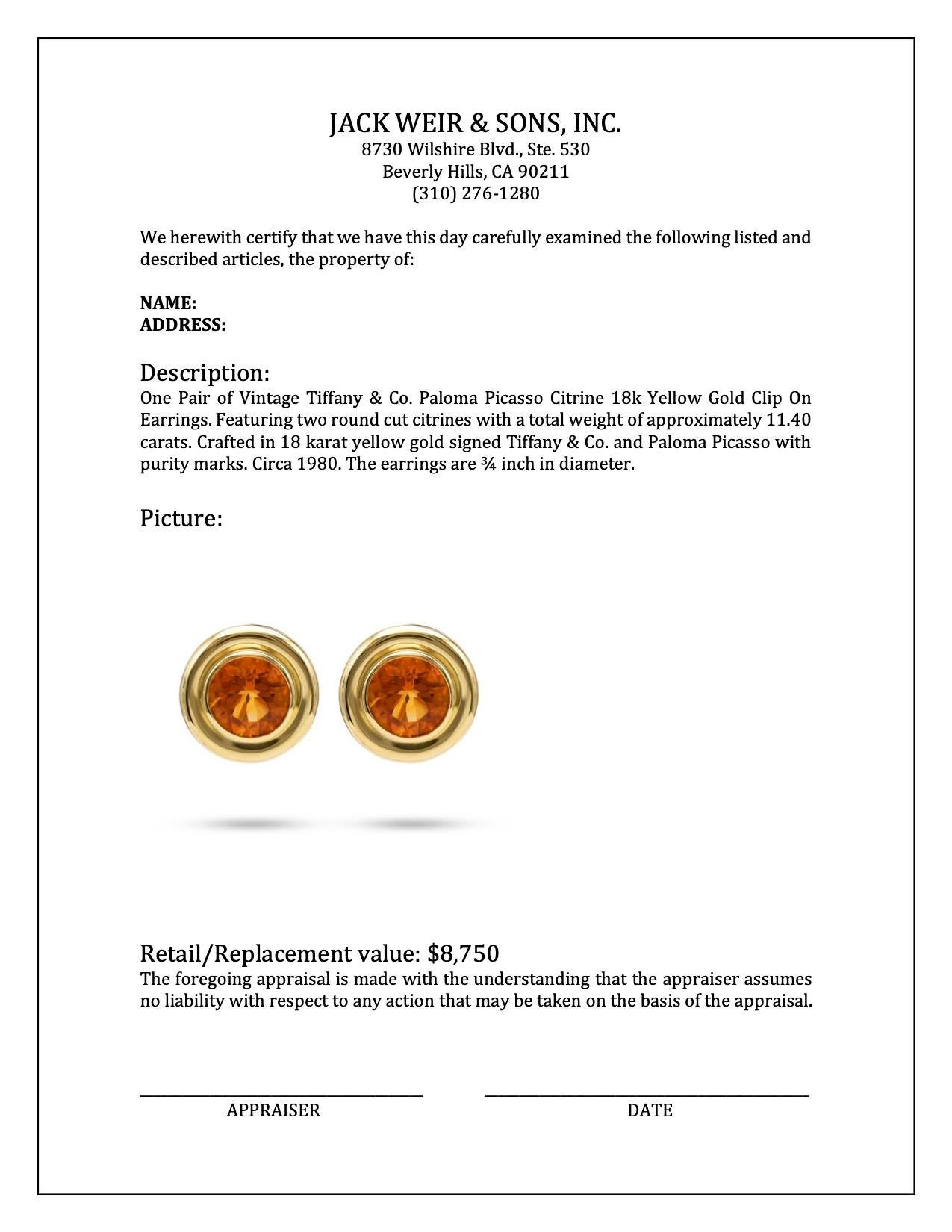 Women's or Men's Vintage Tiffany & Co. Paloma Picasso Citrine 18k Yellow Gold Clip On Earrings For Sale