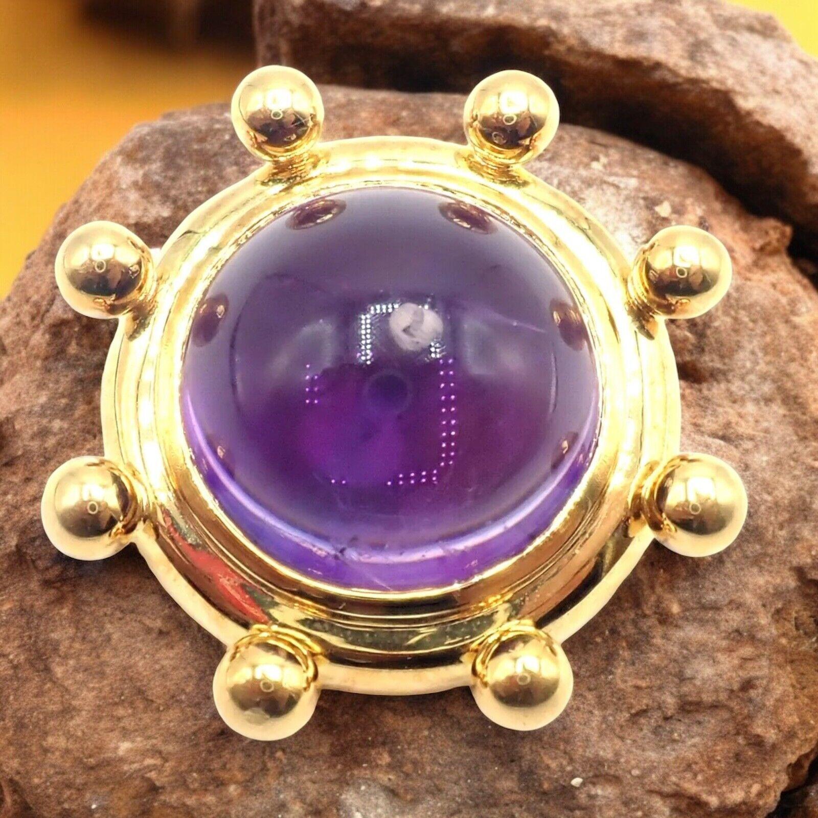 18k Yellow Gold Large Amethyst Vintage Brooch Pin by Paloma Picasso for Tiffany & Co.   
The Tiffany & Co Paloma Picasso 18k Yellow Gold Large Amethyst Pin Brooch is a stunning piece of art. 
Designed by Paloma Picasso, it features a vibrant