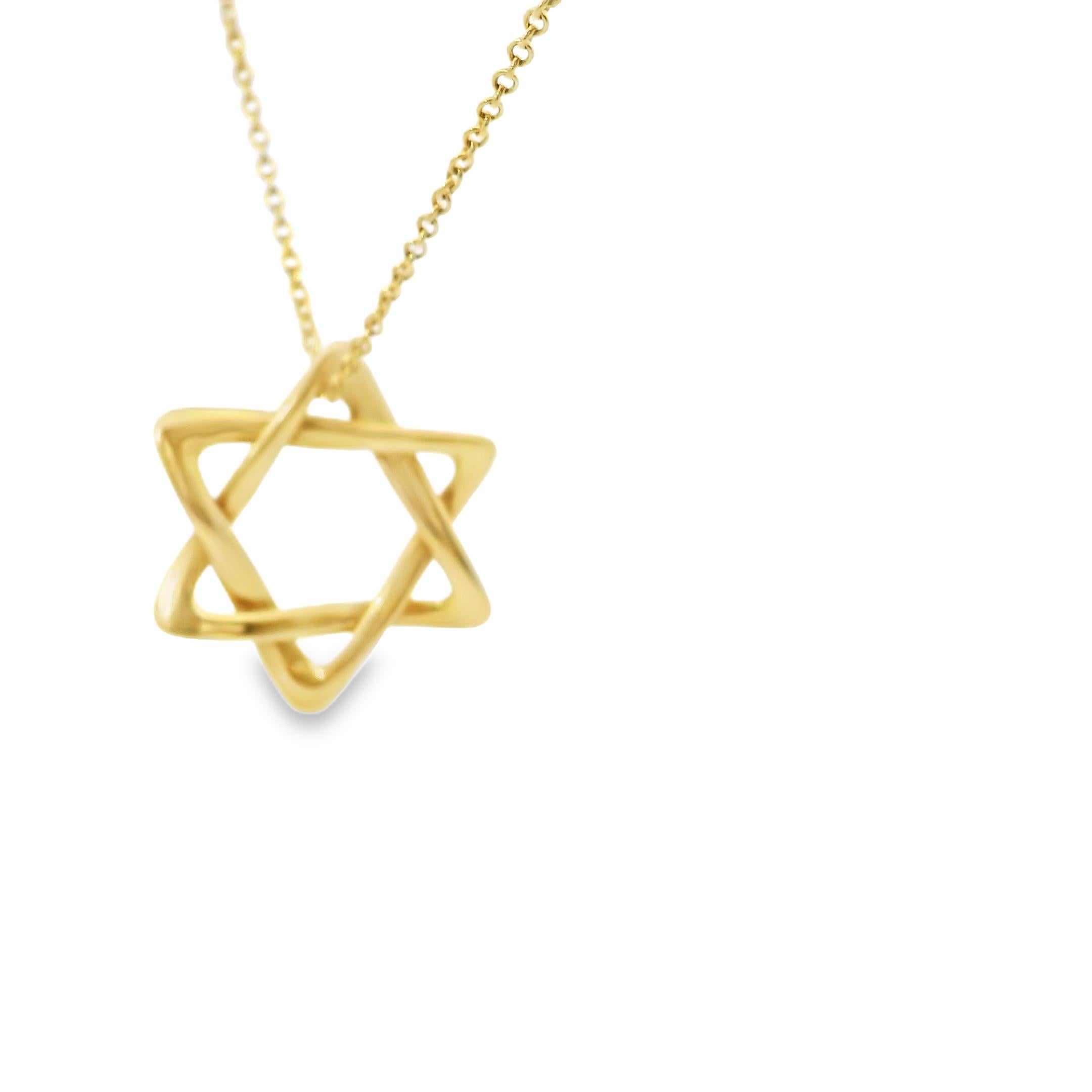 Vintage Tiffany & Co. Pendentif Peretti étoile de David en or 18k
Comme tracée par la lumière, et portée près du cœur.

Ce pendentif lumineux en forme d'étoile de David, conçu par Elsa Peretti pour Tiffany & Co, distille la foi dans la forme avec le