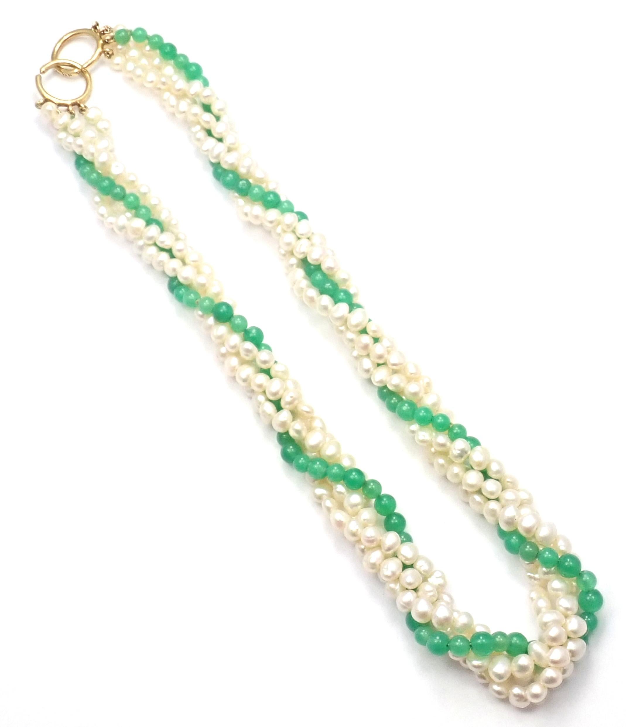 18k Yellow Gold Chrysoprase Bead Pearl Torsade Necklace by Paloma Picasso for Tiffany & Co. 
With 2 stands of pearls 4.60-5.40mm 
1 strand of chrysoprase beads 4.15-4.85mm
Details: 
Necklace Length: 17.25