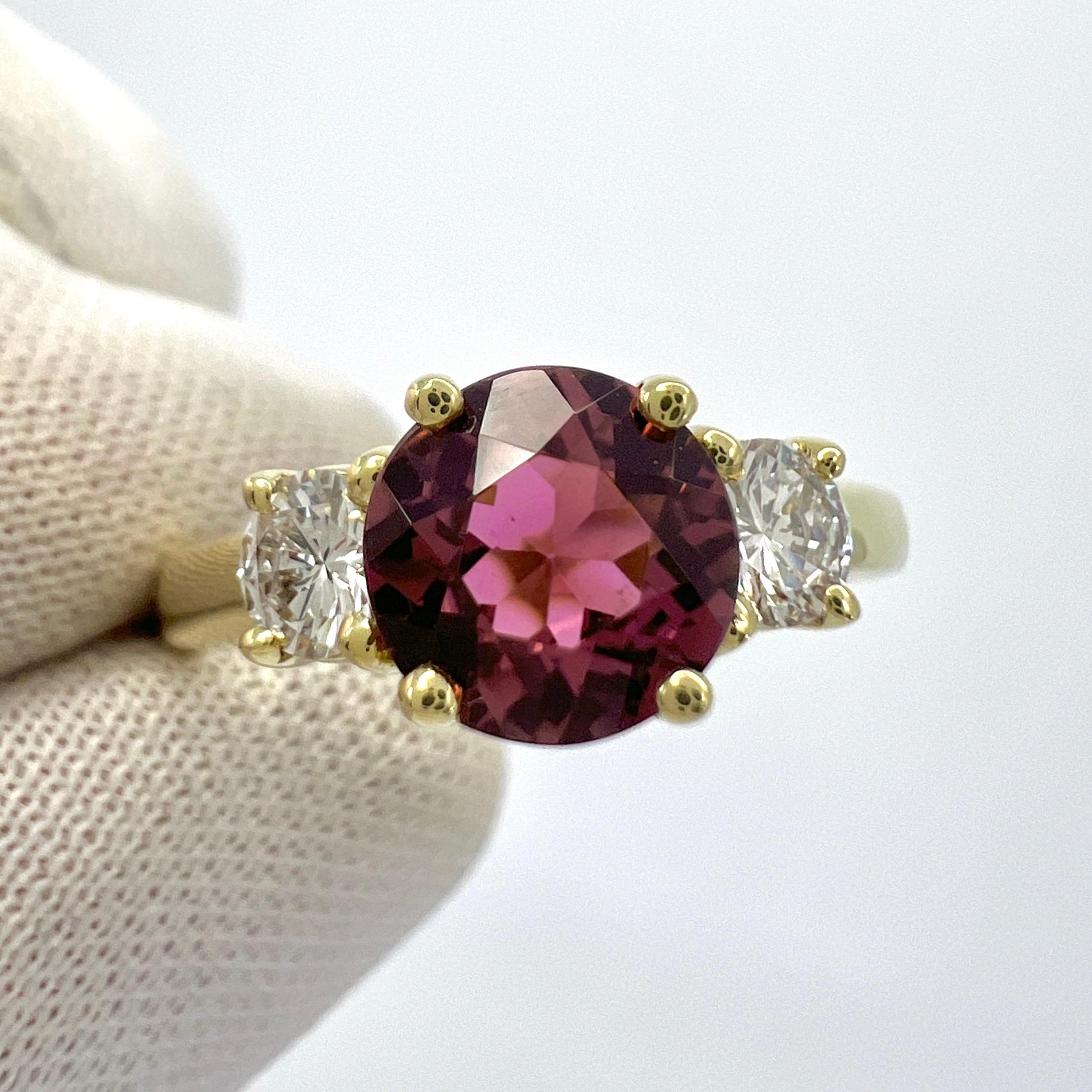 Round Cut Vintage Tiffany & Co Pink Tourmaline & Diamond 18k Yellow Gold Three Stone Ring