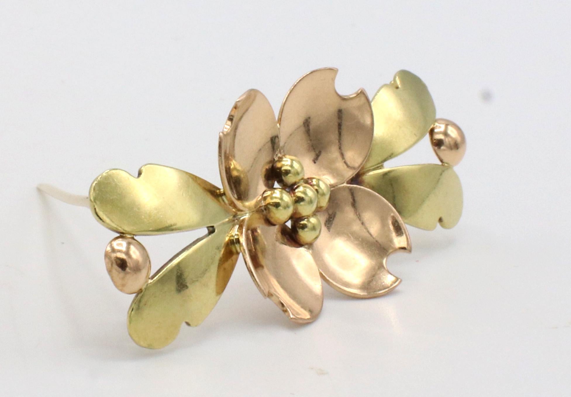 Vintage Tiffany & Co. Pink & Yellow Gold Flower Pin Brooch 
Metal: 14k pink & yellow gold
Weight: 6.97 grams
Length: 20mm
Width: 46mm
Signed: Tiffany & Co. 14k
