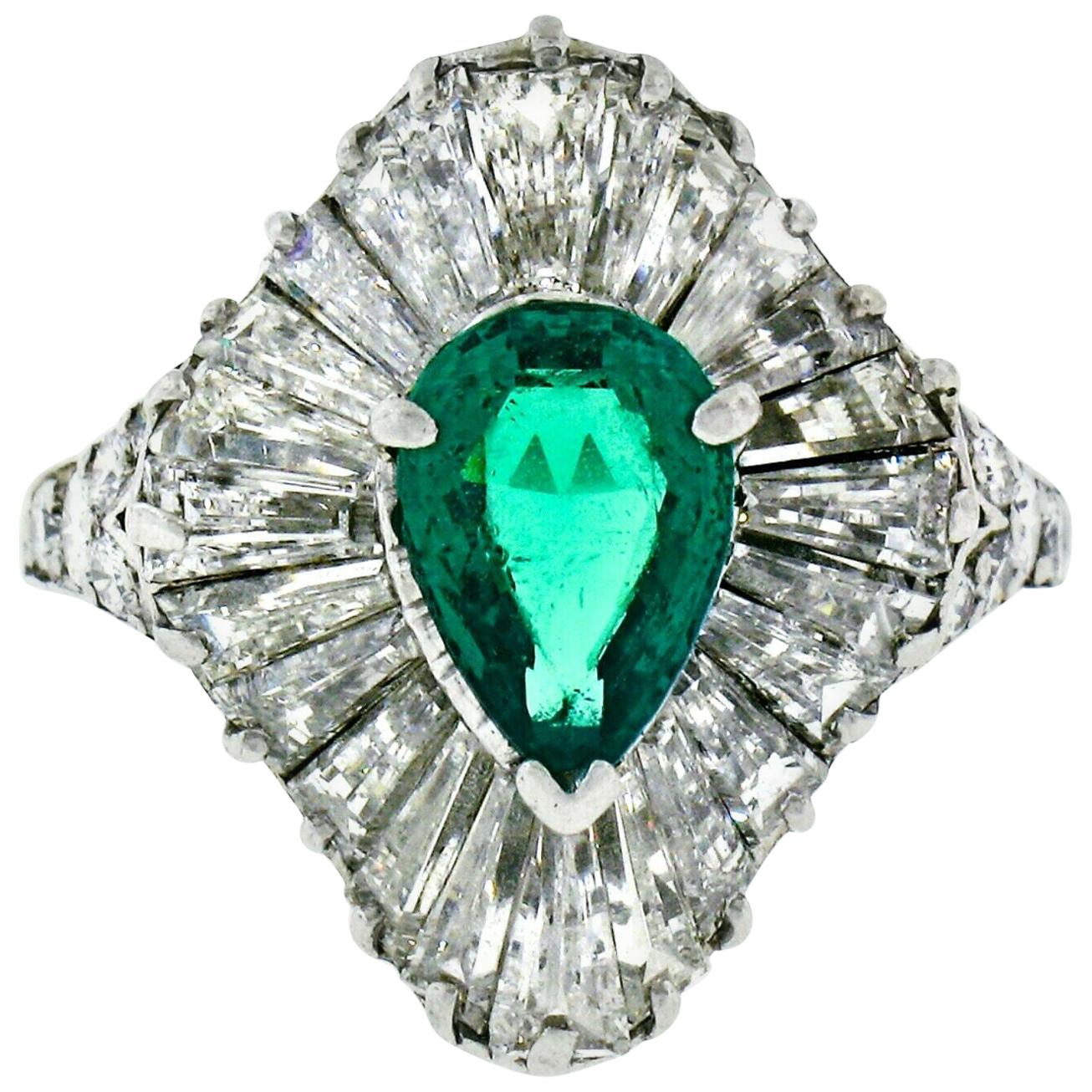 Vintage Tiffany & Co. Platinum AGL Pear Emerald Baguette Diamond Ballerina Ring