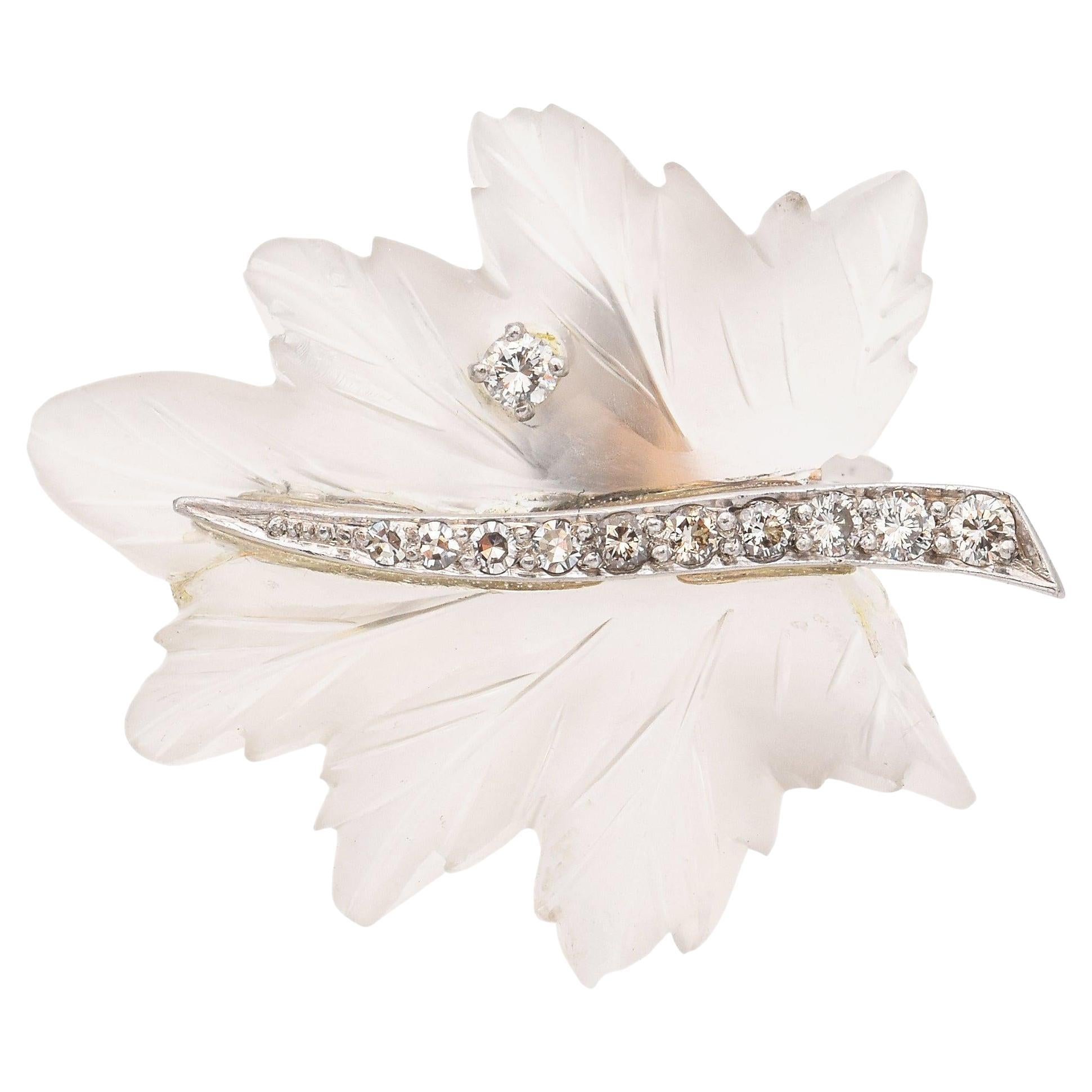 Vintage Tiffany & Co. Platinum and Gold Diamond Carved Rock Crystal Leaf Brooch
