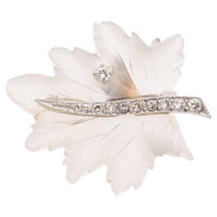 Vintage Tiffany & Co. Platinum and Gold Diamond Carved Rock Crystal Leaf Brooch