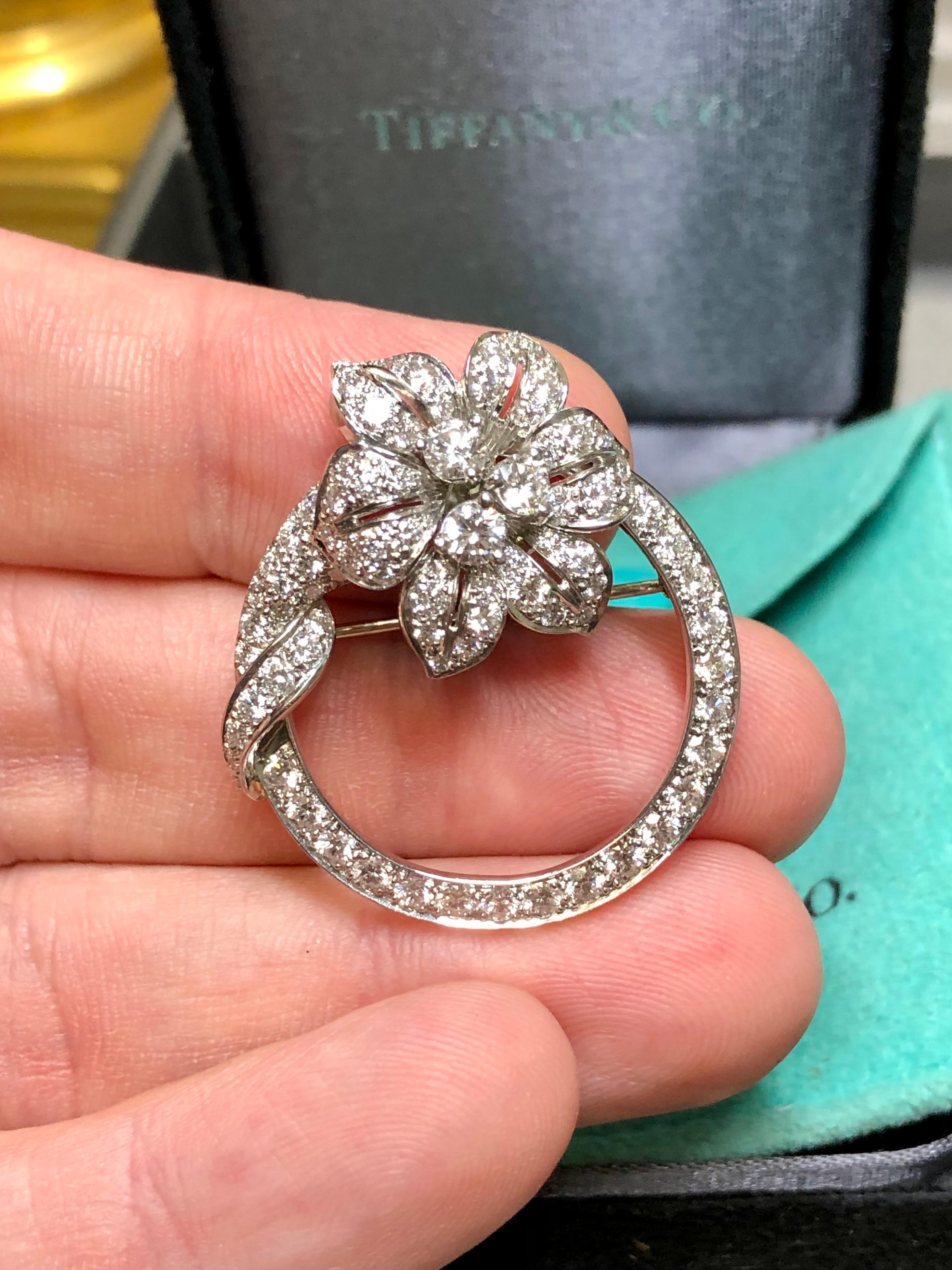 Vintage Tiffany & Co. Épingle à fleur en platine avec diamant et cercle C.I.C. années 1960 en vente 1