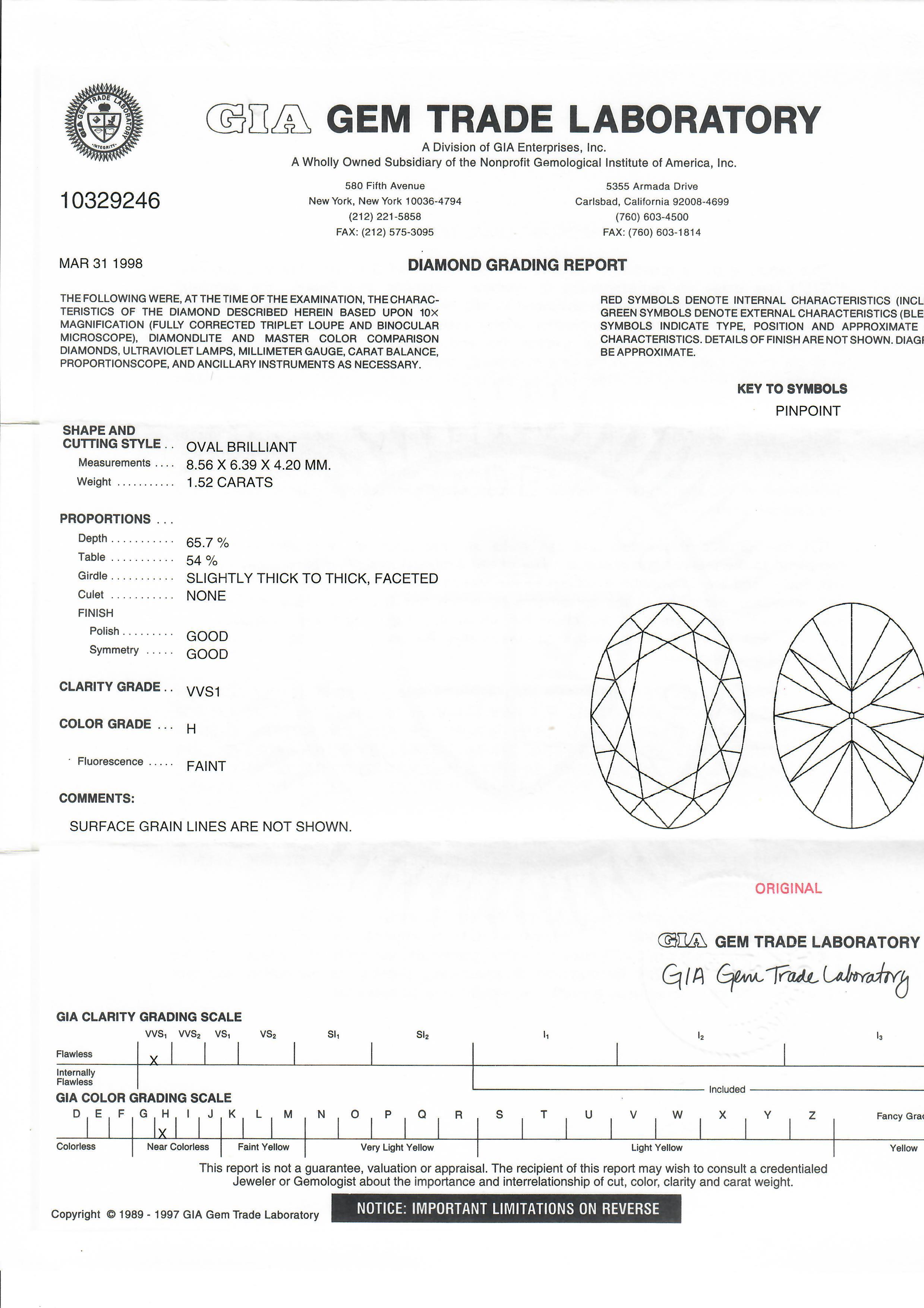 --Stein(e):--
(1) Natürlicher echter Diamant - Ovaler Brillantschliff - Zackenbesatz - Farbe H - Reinheit VVS1 - 1,52ct (genau - zertifiziert)
** Vollständige Informationen siehe unten unter 