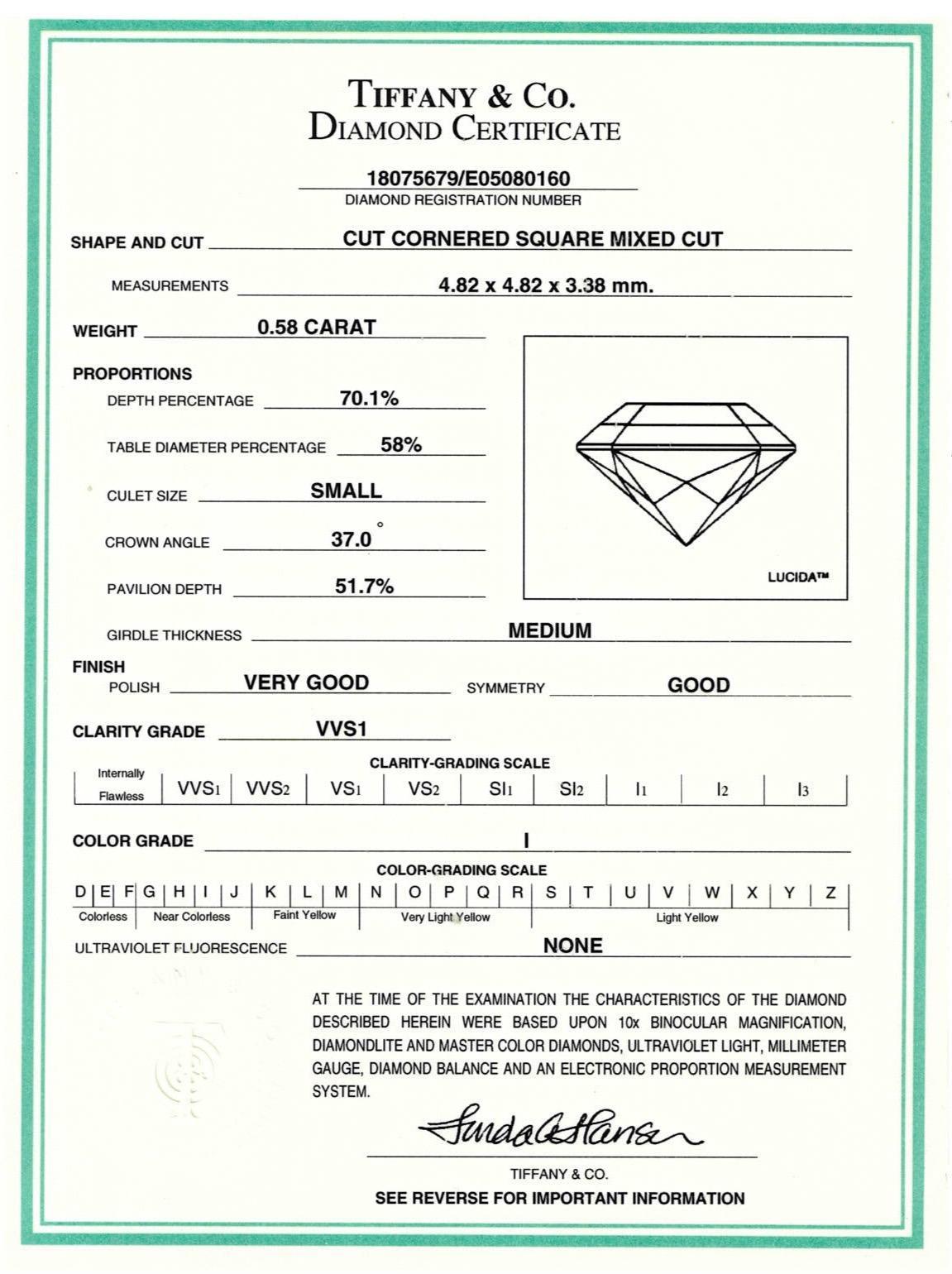 Weinlese Tiffany & Co. Platin Lucida Diamant Verlobungsring .58ct I VVS1 im Angebot 5