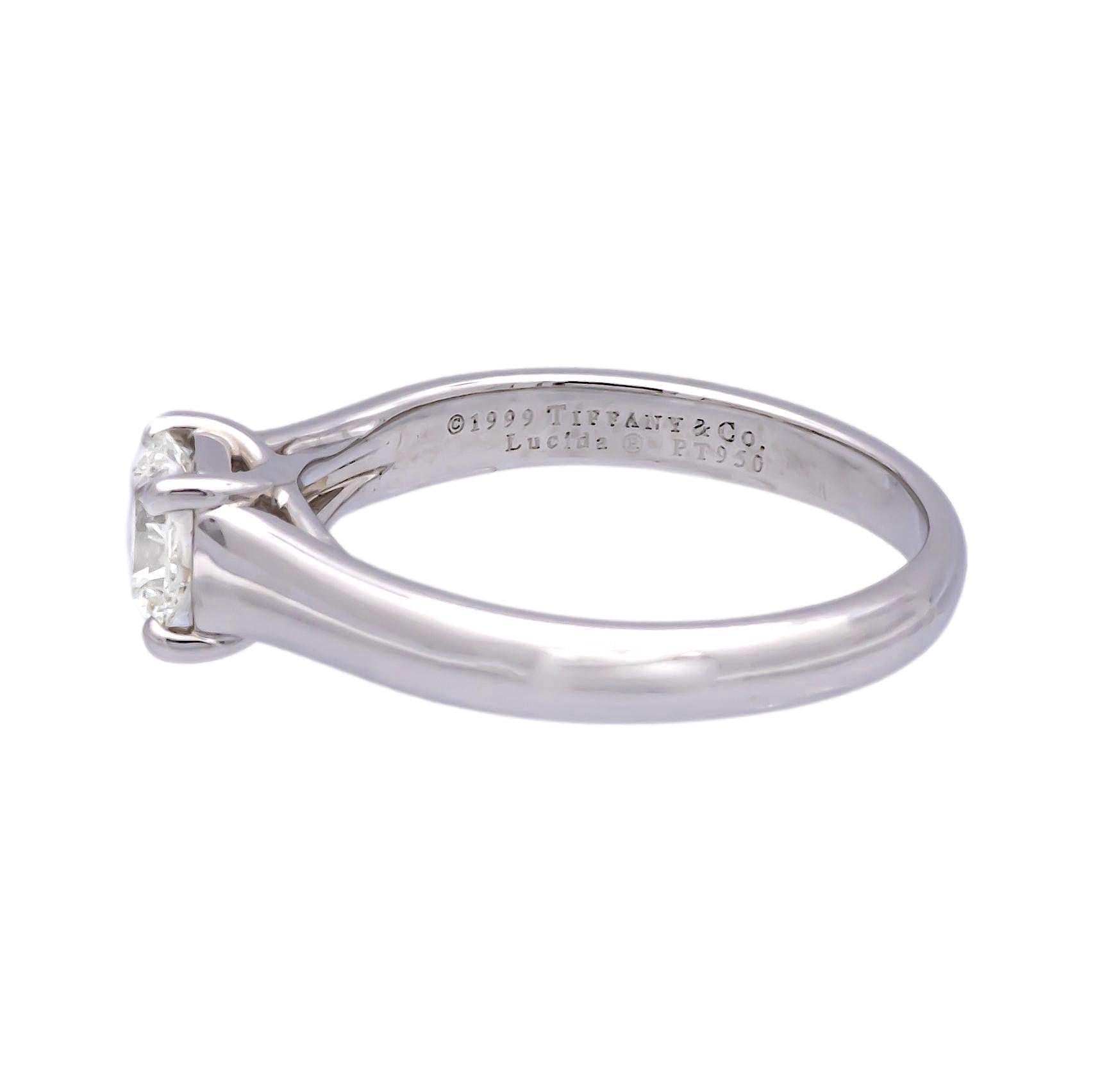 Contemporary Vintage Tiffany & Co. Platinum Lucida Diamond Engagement Ring .58ct I VVS1 For Sale