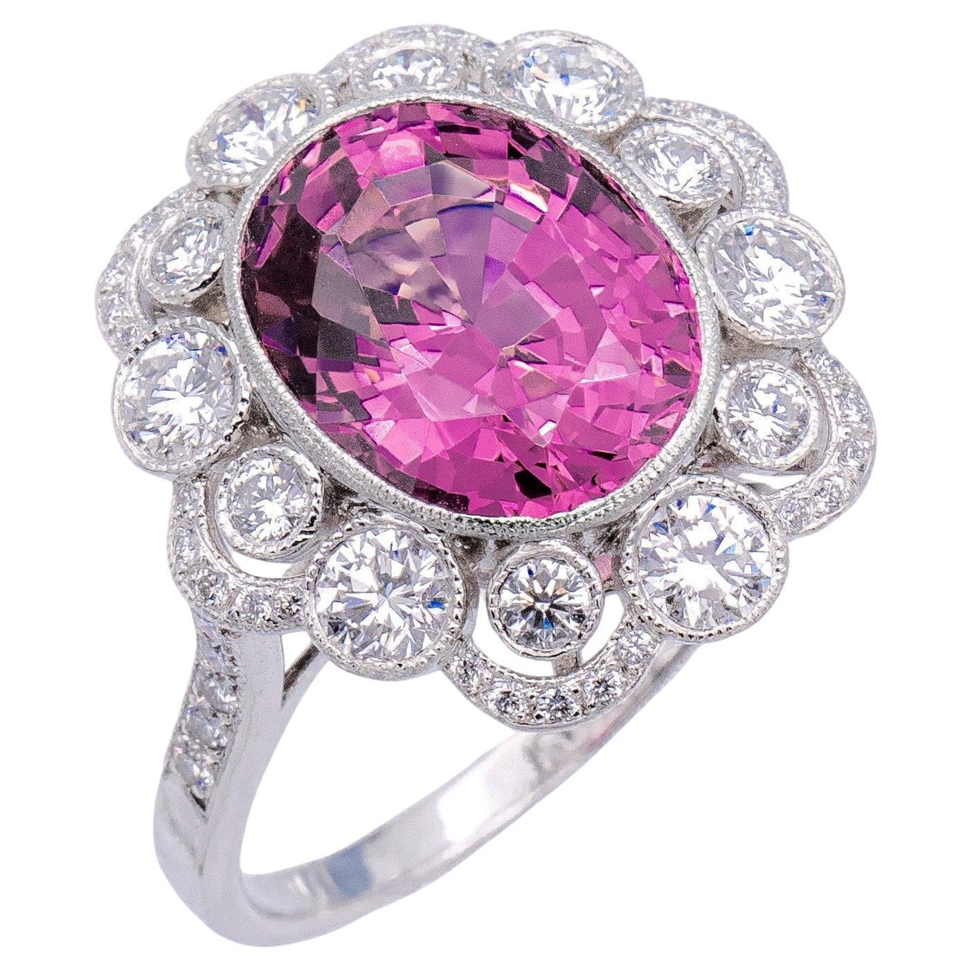 Vintage Tiffany & Co. Platinum Oval 5.20ct Pink Spinel and Diamond Ring For Sale
