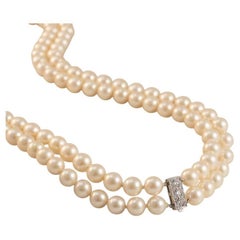 Vintage Tiffany & Co Platinum Two Row Pearl Diamond Necklace Elegant Design