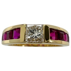 Vintage Tiffany & Co. Princess Cut Diamond & Red Ruby 18k Yellow Gold Band Ring