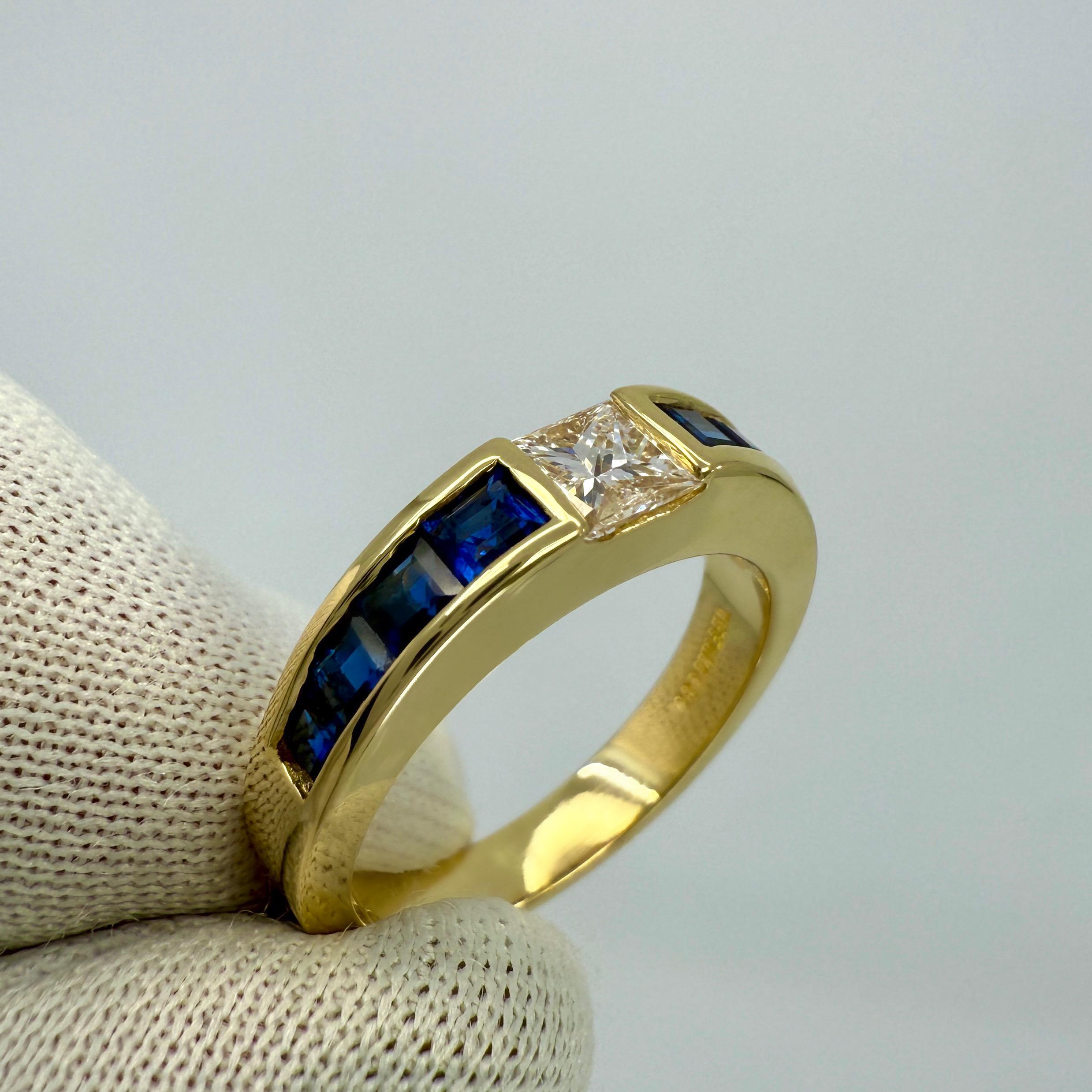 Round Cut Vintage Tiffany & Co. Princess Cut Diamond & Sapphire 18k Yellow Gold Band Ring For Sale