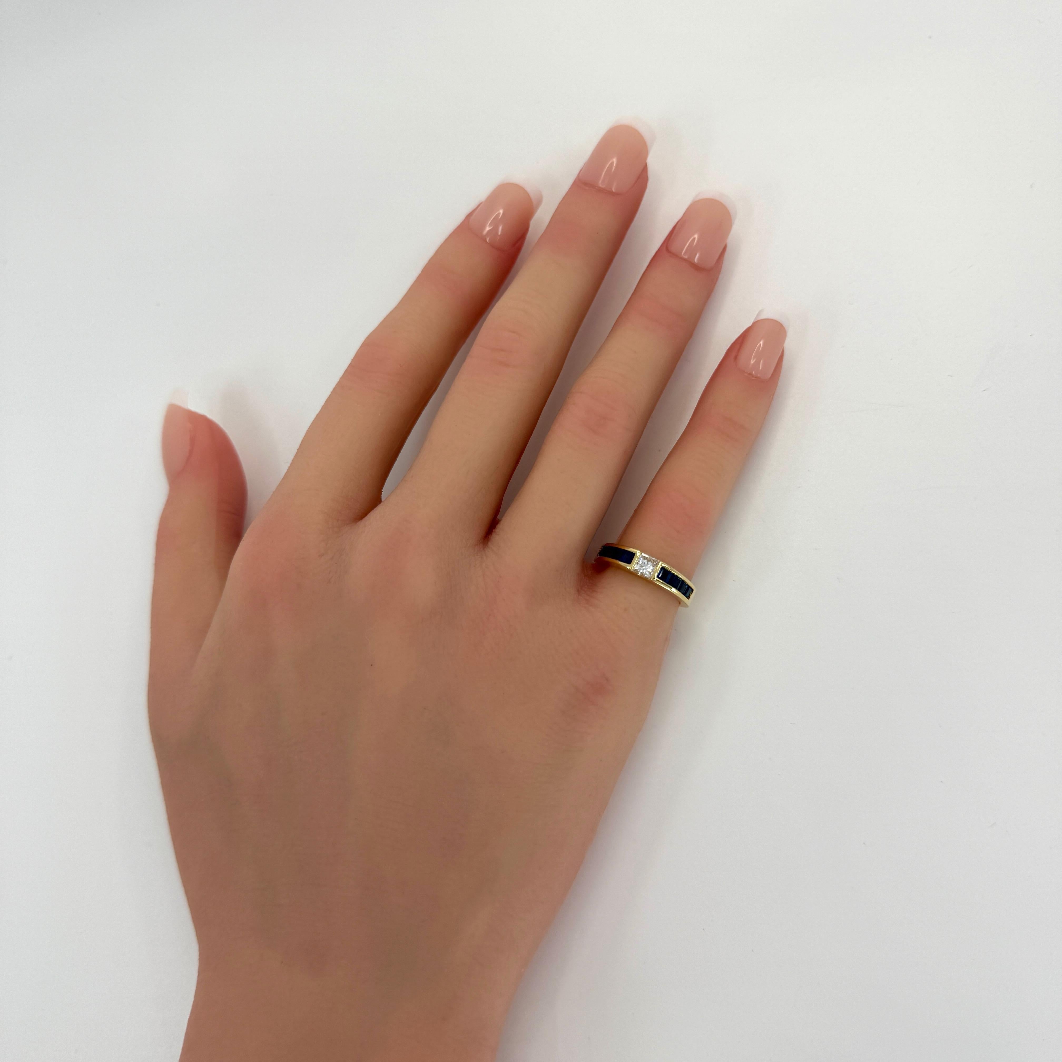 Women's Vintage Tiffany & Co. Princess Cut Diamond & Sapphire 18k Yellow Gold Band Ring For Sale