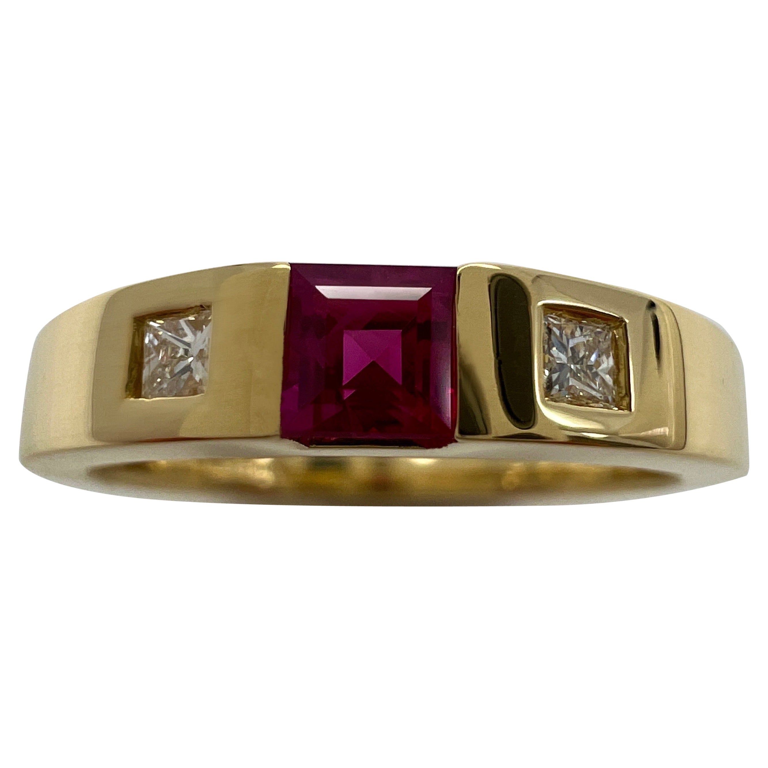 Vintage Tiffany & Co Princess Red Ruby Diamond 18k Yellow Gold Three Stone Ring