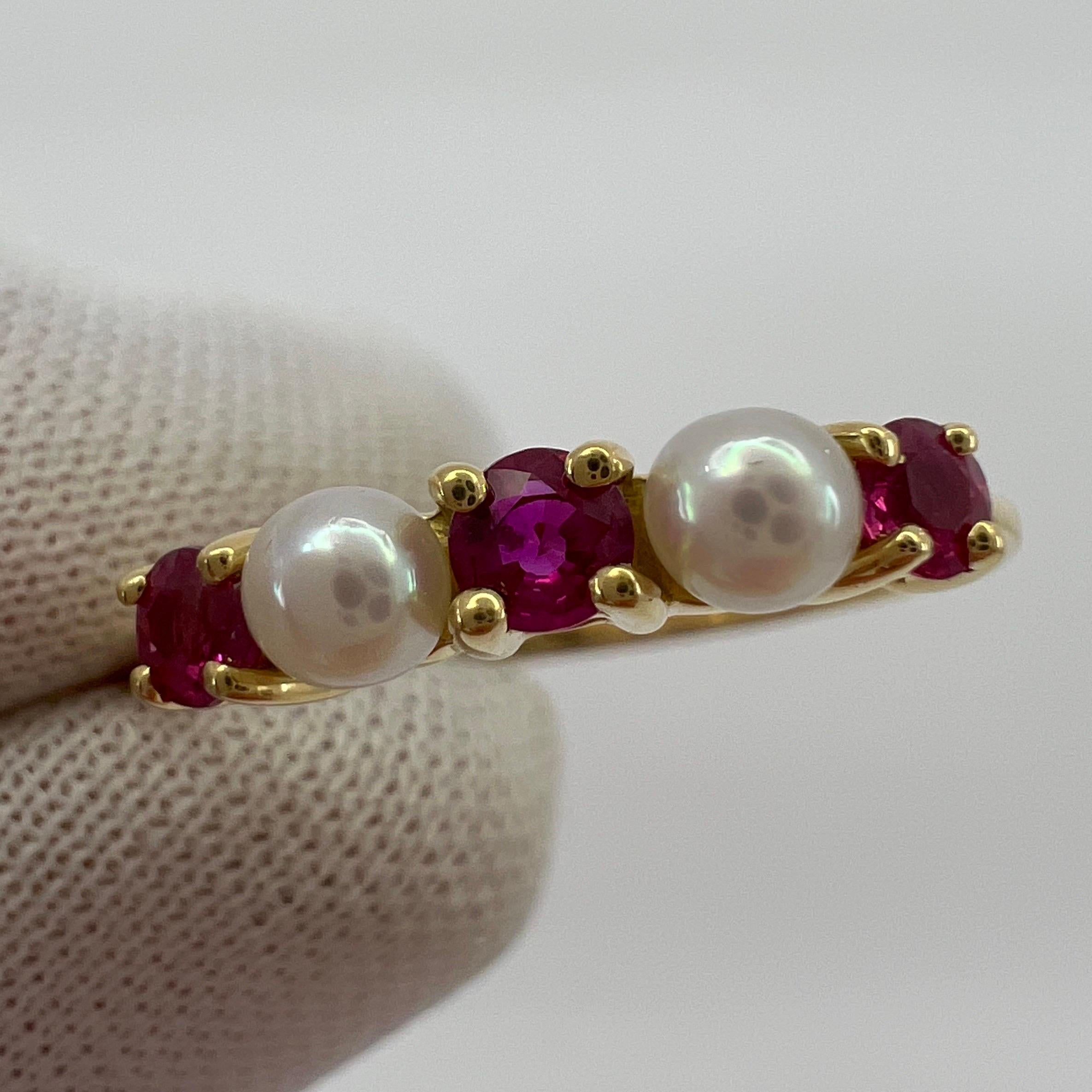 Women's Vintage Tiffany & Co. Red Round Ruby & Pearl 18k Yellow Gold Eternity Band Ring