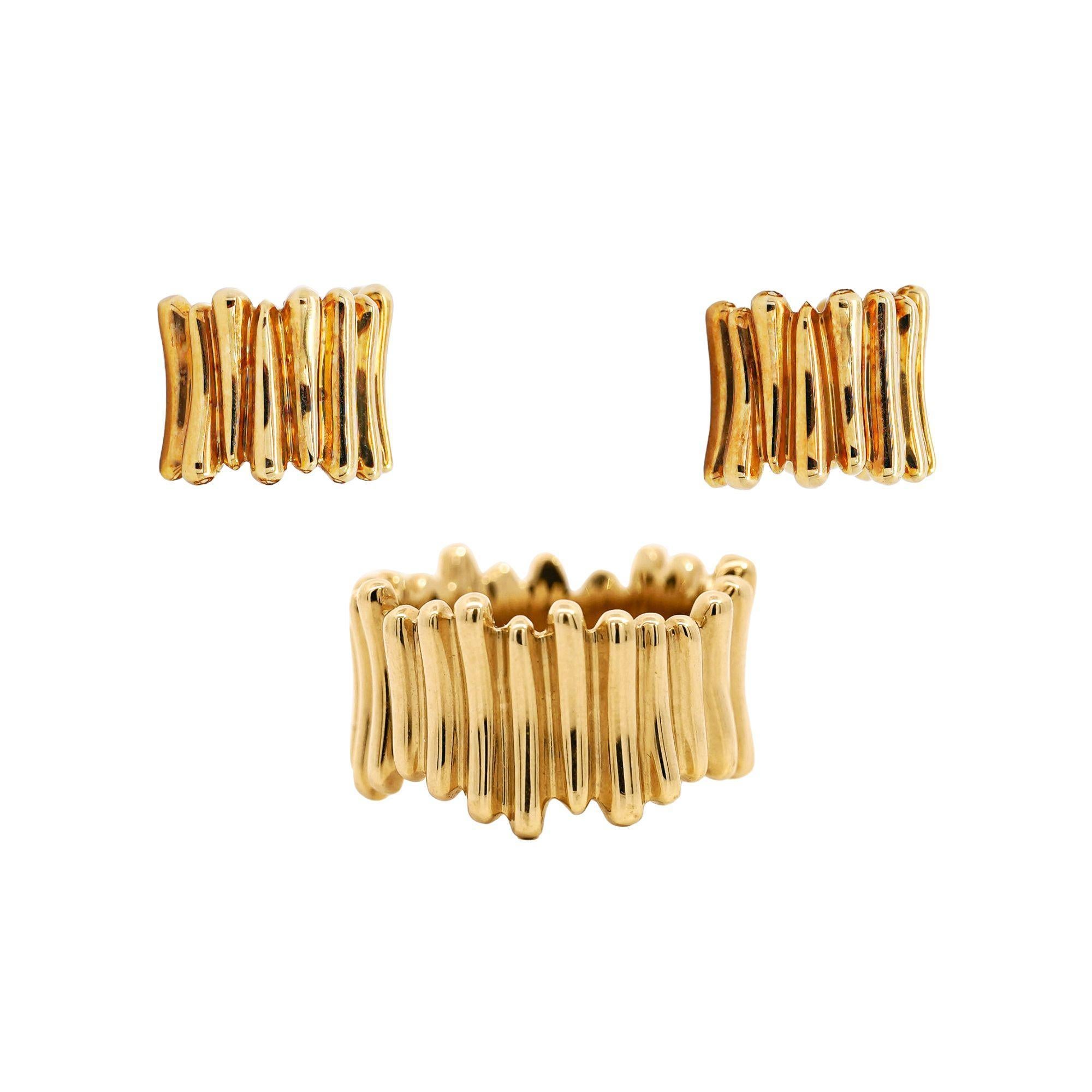 Vintage Tiffany & Co. Ribbed 18K Gold Ring & Earring Jewelry Set 12