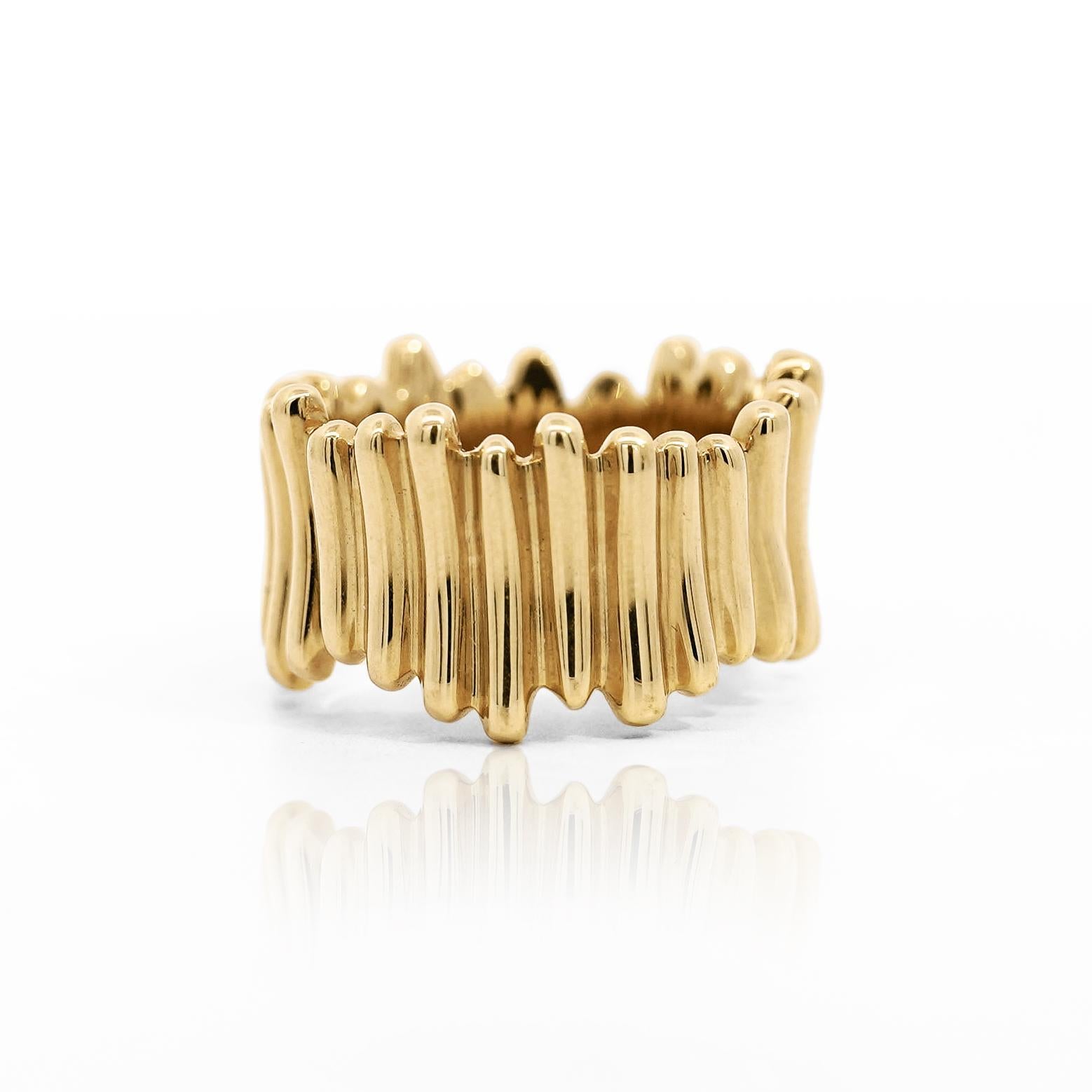 This 18K Tiffany & Co. ring and earrings set, dating back to 2002, exemplifies classic elegance with a modern twist. Featuring a unique ribbed design in rich yellow gold, this set adds a luxurious, edgy feel to your look. 

Both the earring and band