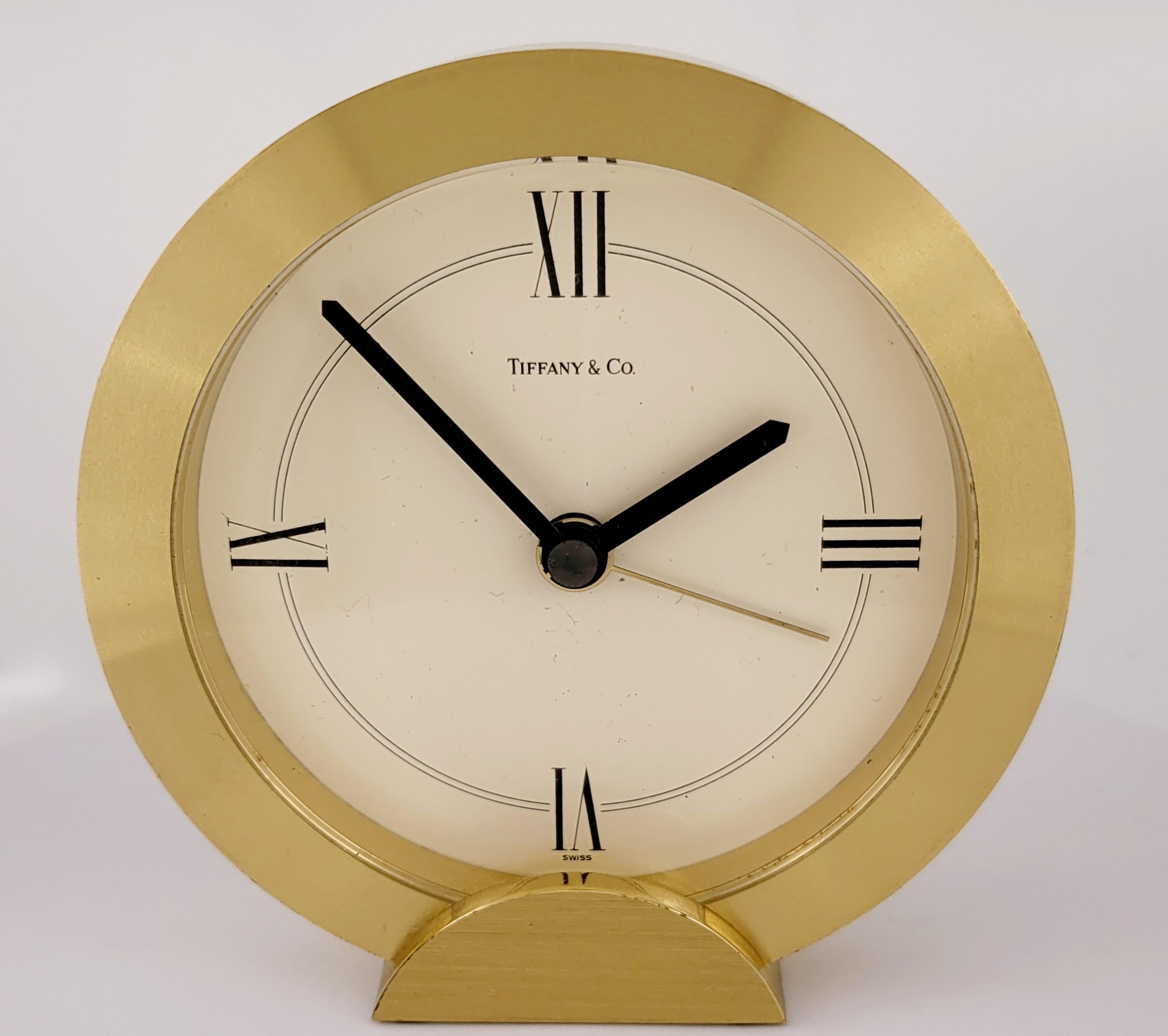 Women's or Men's Vintage Tiffany& co Round Brass Quartz Alarm 3.5'' For Sale