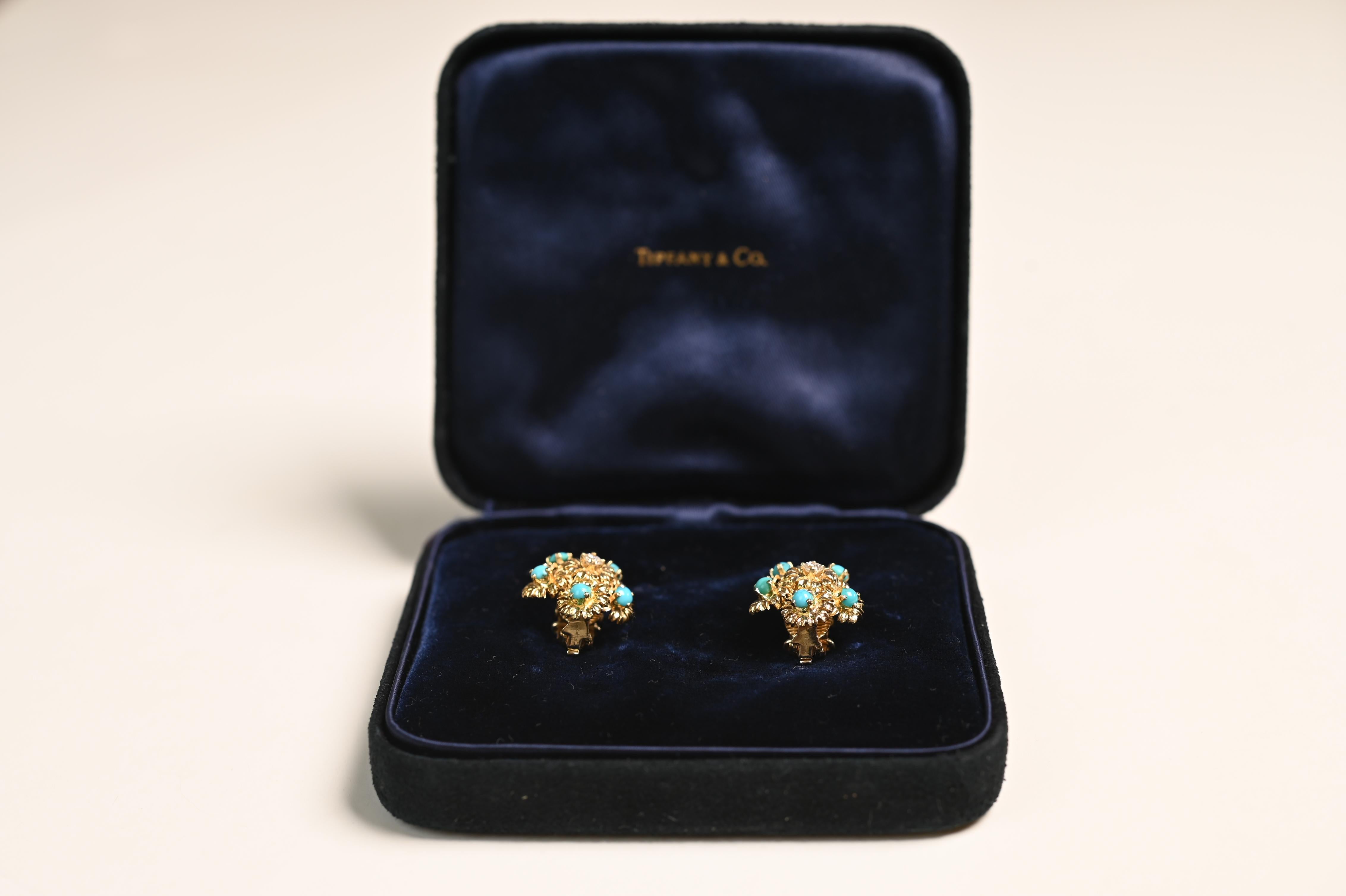 Art Deco Vintage Tiffany & Co Round Cut Diamond (Approx 0.20-Carats) & Turquoise Earrings For Sale