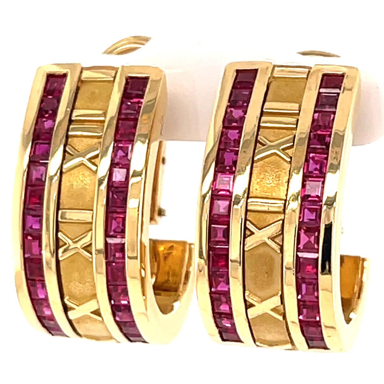 Square Cut Vintage Tiffany & Co. Ruby 18 Karat Gold Atlas Hoop Earrings