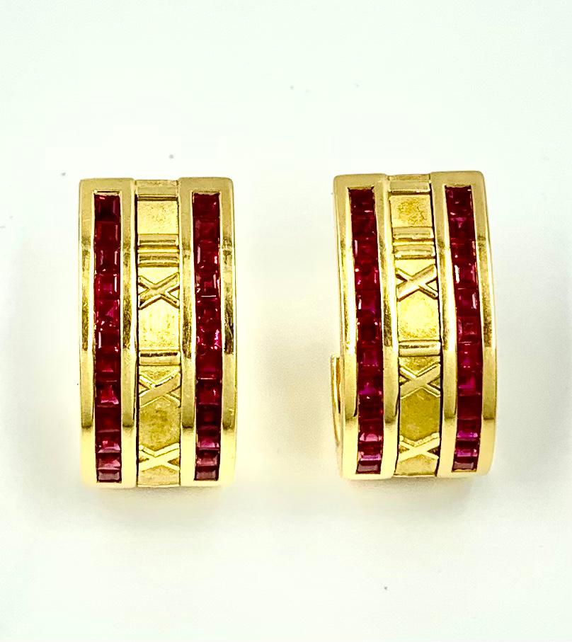 Vintage Tiffany & Co. Ruby 18K Yellow Gold Iconic Atlas Hoop Earrings circa 1995 For Sale 2
