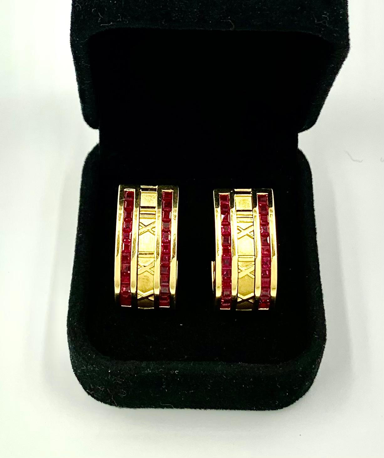Vintage Tiffany & Co. Ruby 18K Yellow Gold Iconic Atlas Hoop Earrings circa 1995 For Sale 3
