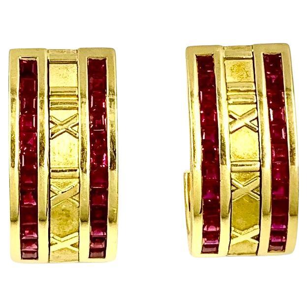 Vintage Tiffany & Co. Ruby 18K Yellow Gold Iconic Atlas Hoop Earrings circa 1995 For Sale