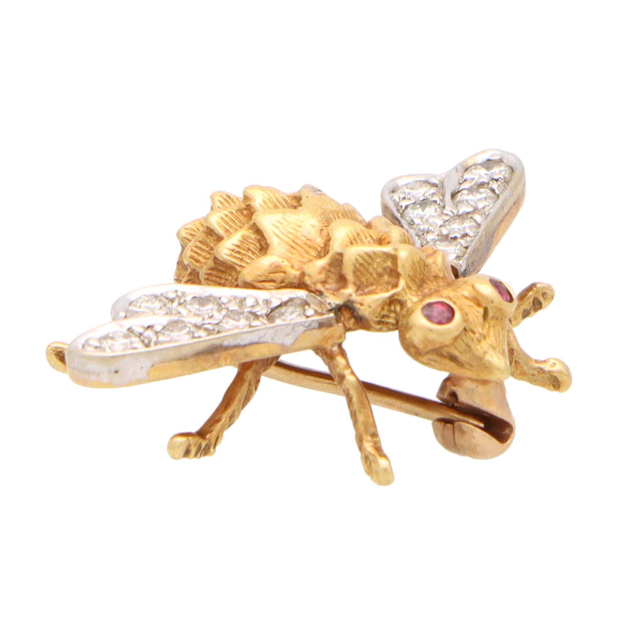 Round Cut Vintage Tiffany & Co. Ruby and Diamond Bug Brooch in 18k Yellow and White Gold