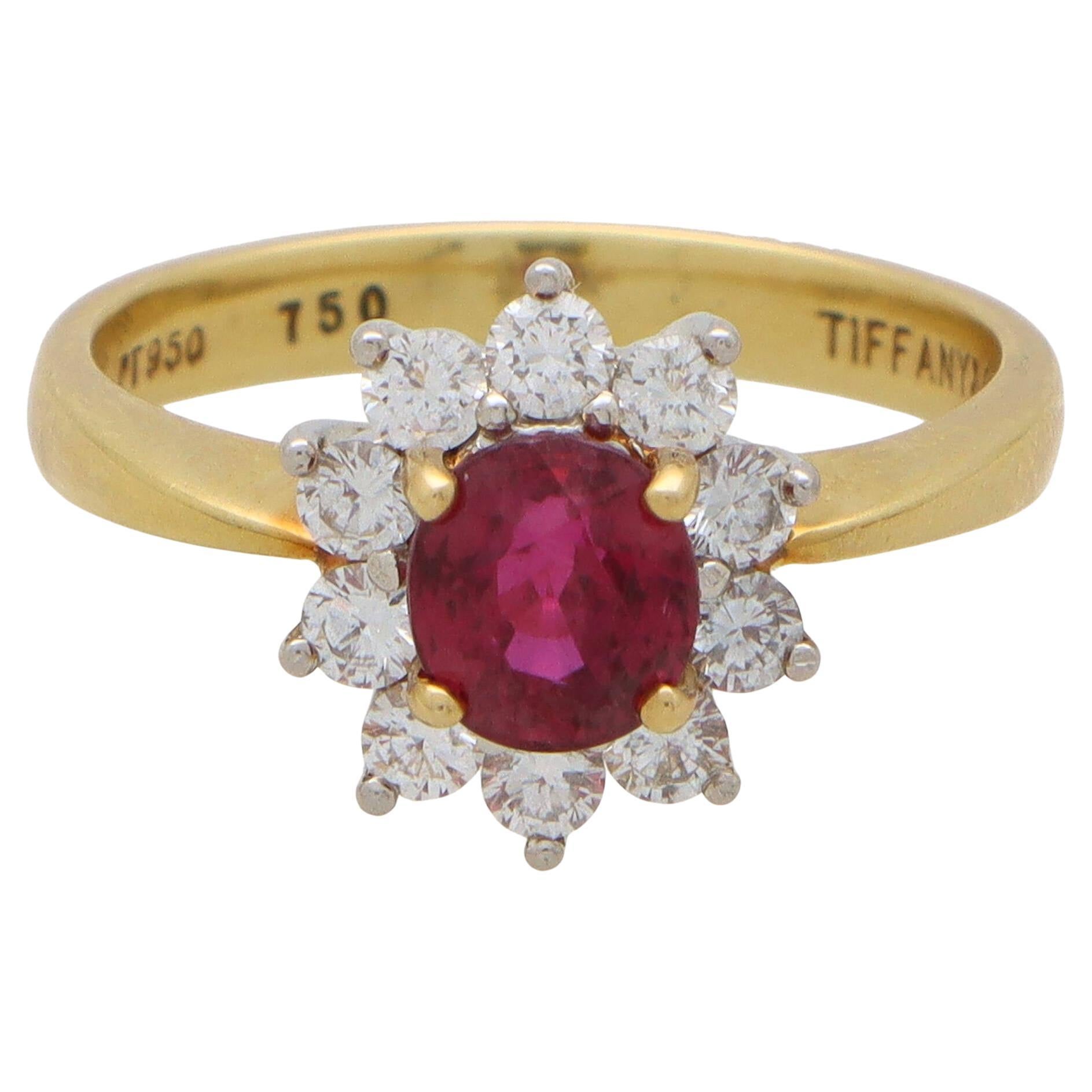 Vintage Tiffany & Co. Ruby and Diamond Cluster Ring Set in Gold and Platinum For Sale