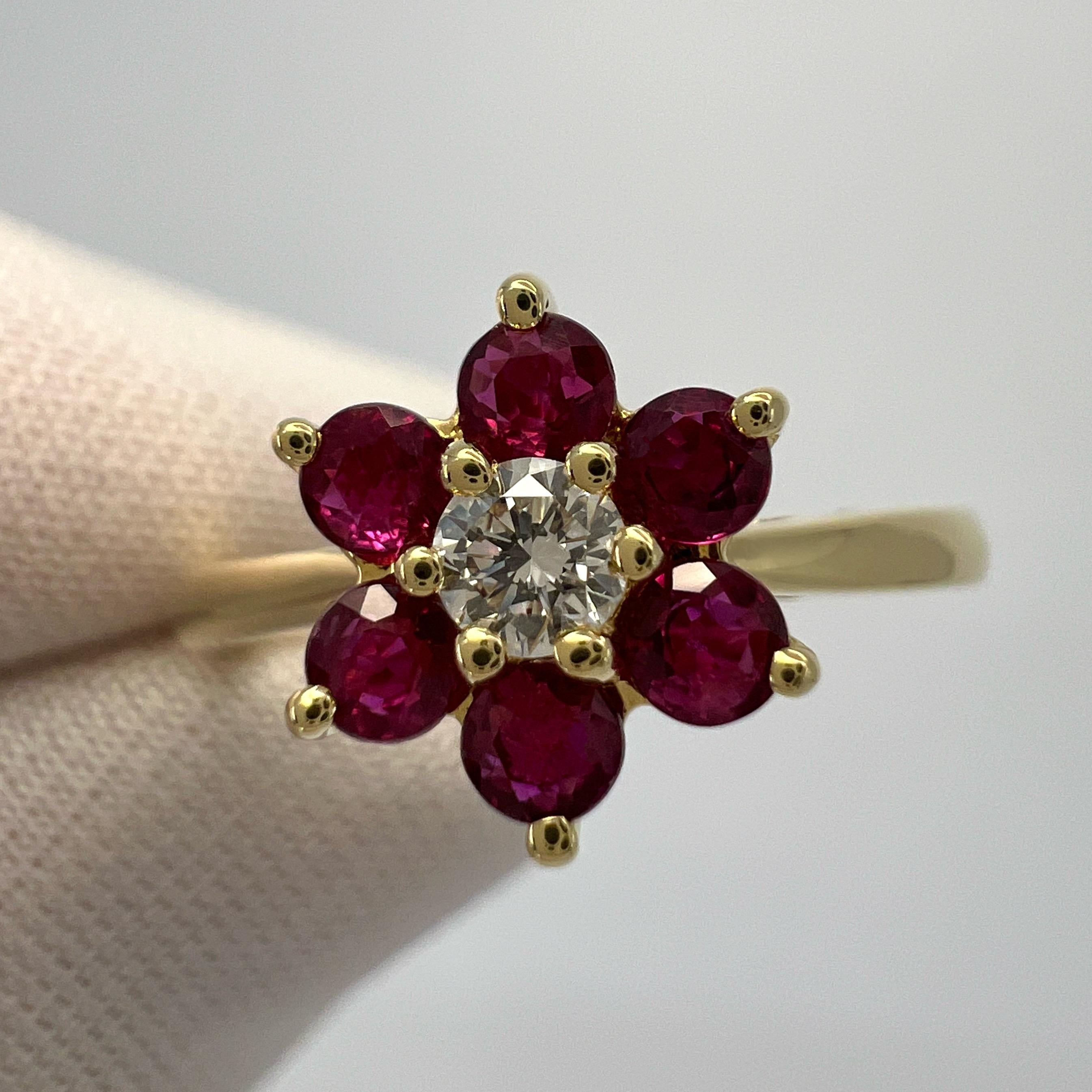 Round Cut Vintage Tiffany & Co. Ruby And Diamond Flower 18k Yellow Gold Cluster Ring