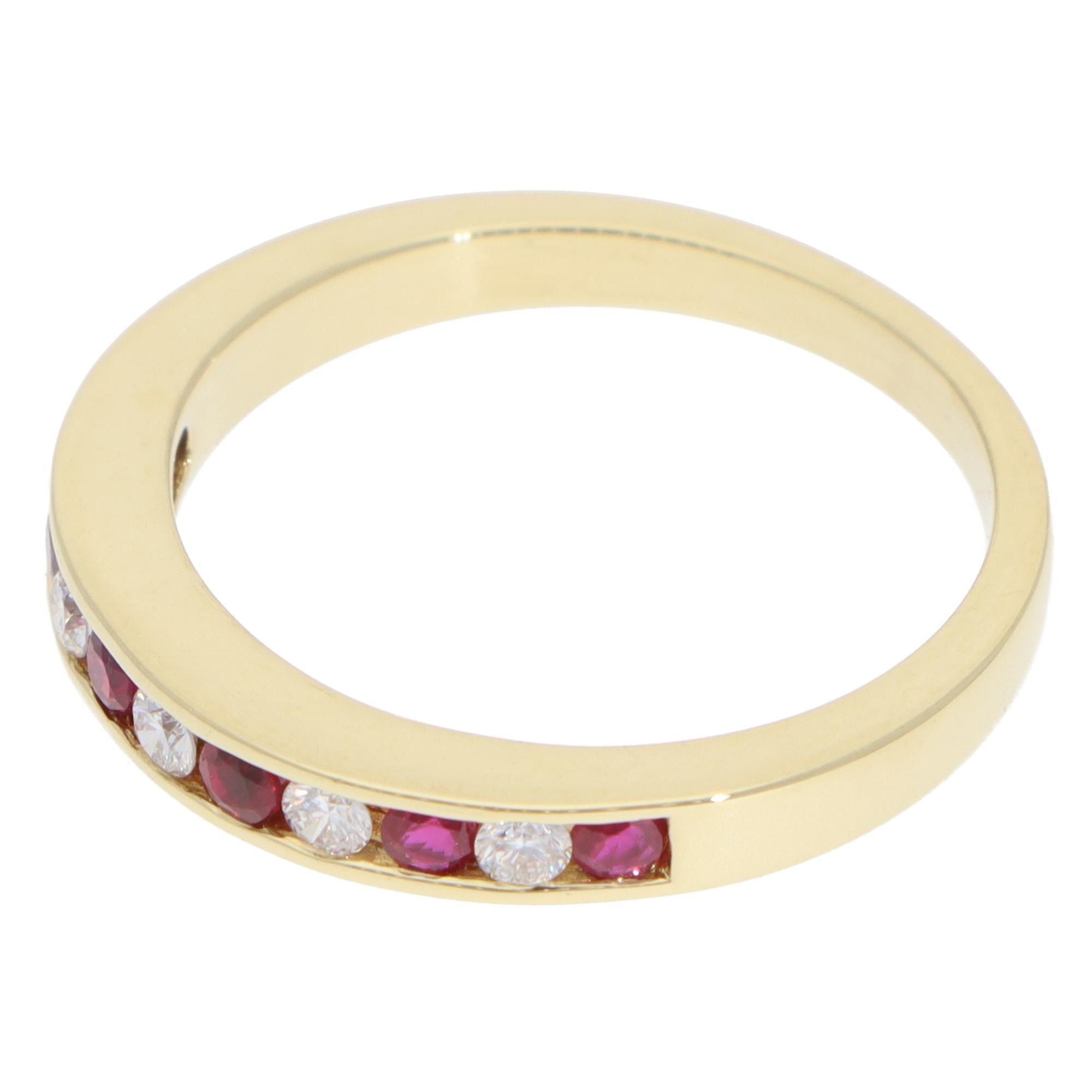 Modern Vintage Tiffany & Co. Ruby and Diamond Half Eternity Ring in Yellow Gold For Sale