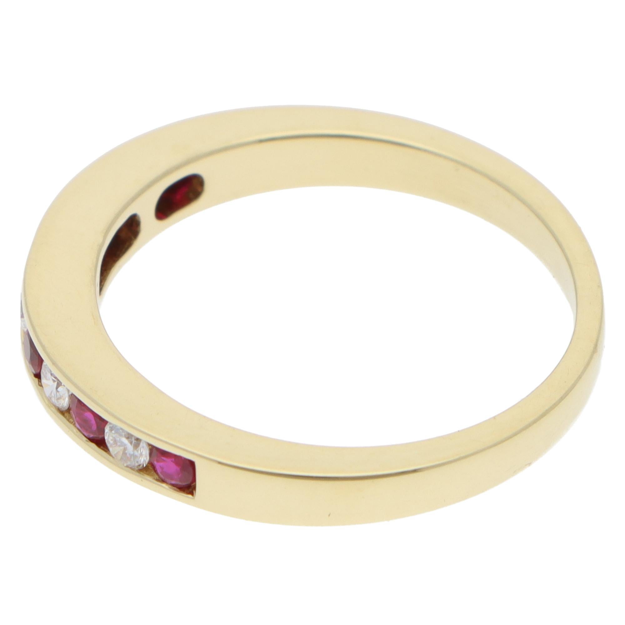 Brilliant Cut Vintage Tiffany & Co. Ruby and Diamond Half Eternity Ring in Yellow Gold For Sale