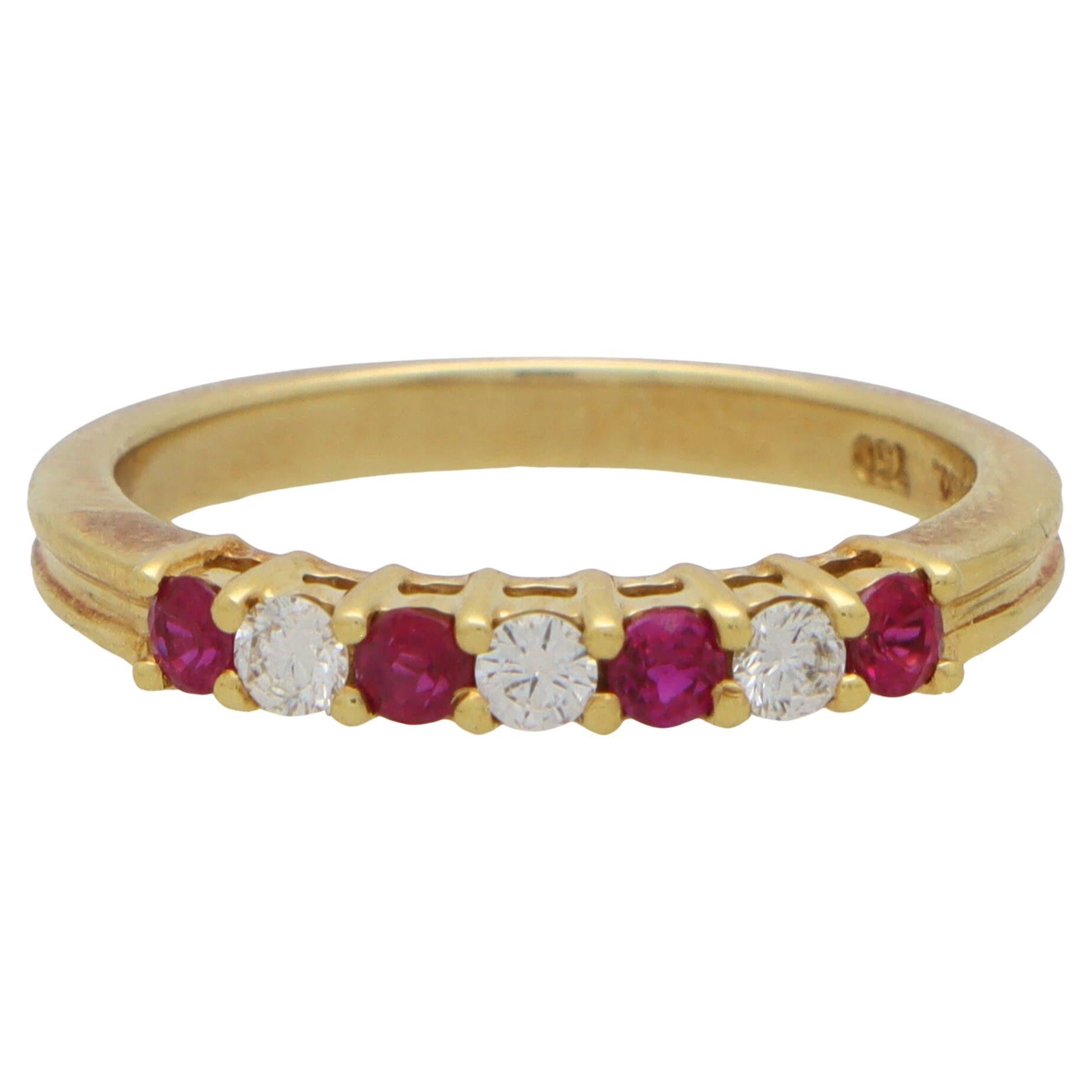 Vintage Tiffany & Co. Ruby and Diamond Half Eternity Ring in Yellow Gold For Sale