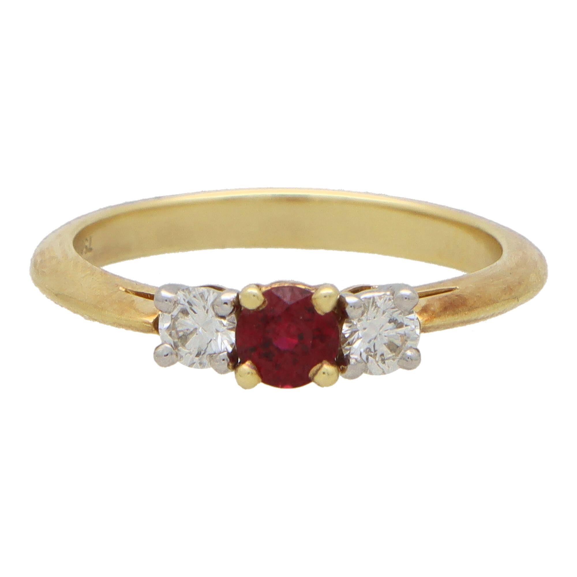 Contemporary Vintage Tiffany & Co. Ruby and Diamond Three Stone in Yellow Gold and Platinum