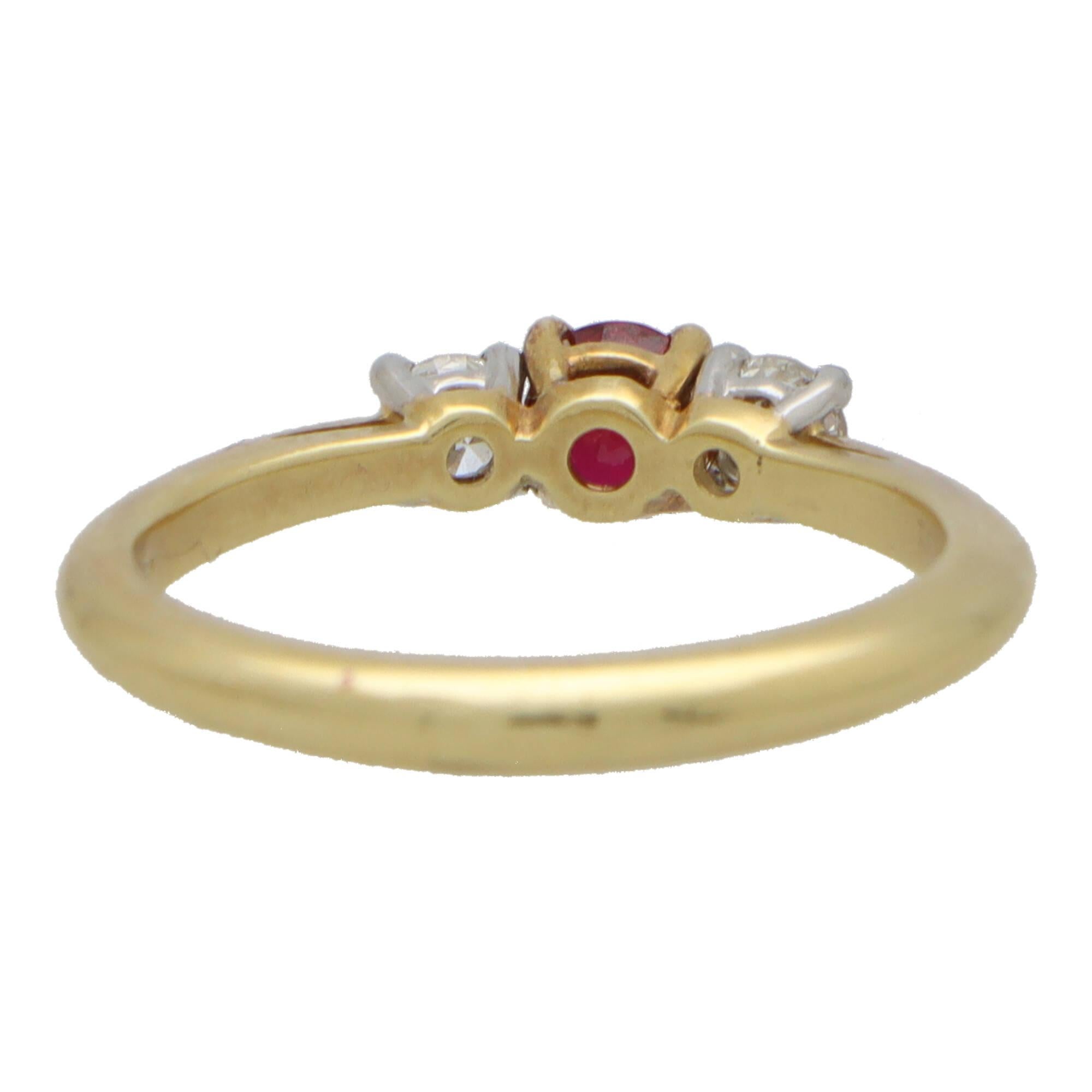 Round Cut Vintage Tiffany & Co. Ruby and Diamond Three Stone in Yellow Gold and Platinum