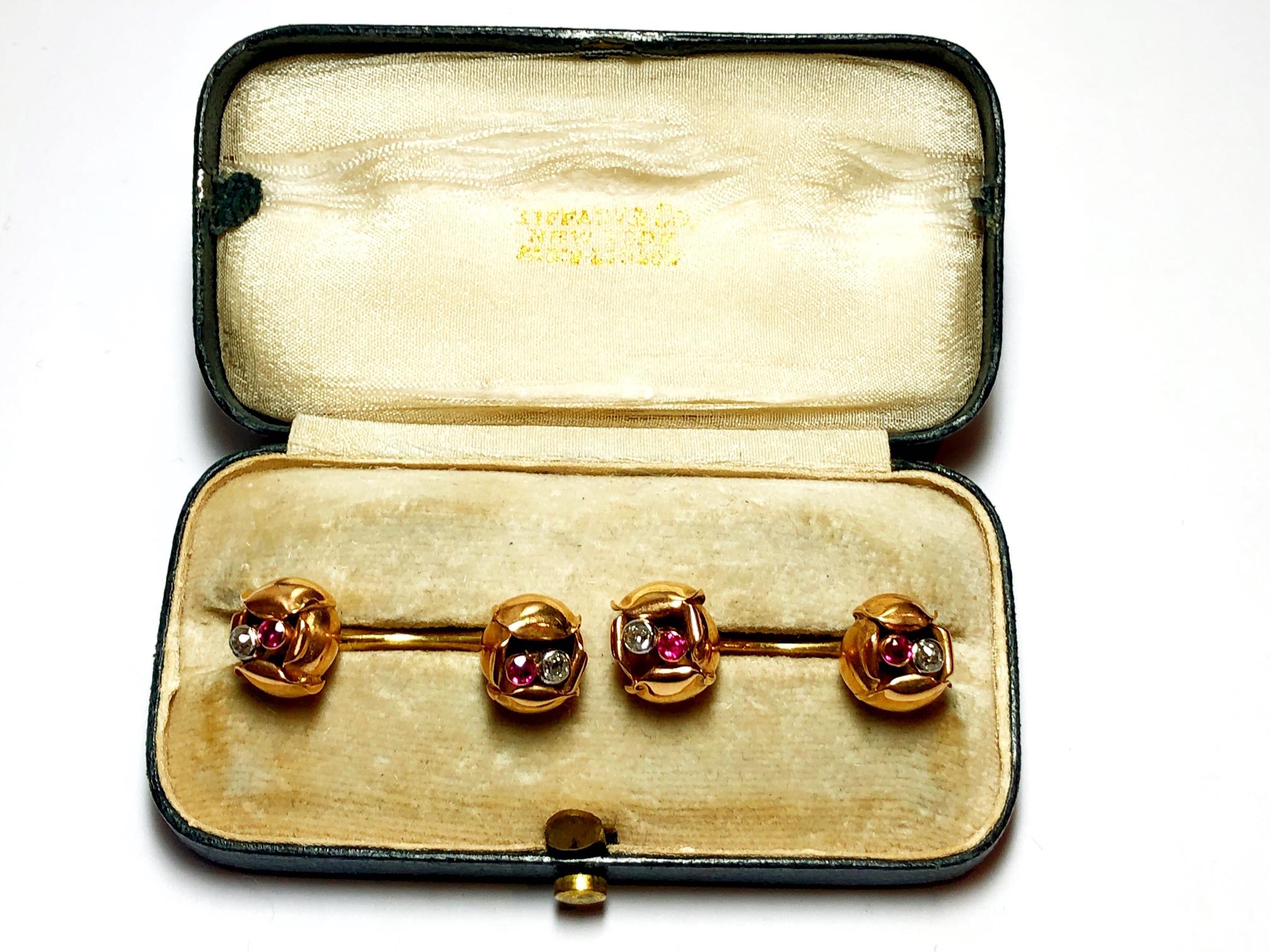 Tiffany & Co. Ruby Diamond Gold Flower Cufflinks Circa 1940 In Good Condition In London, GB