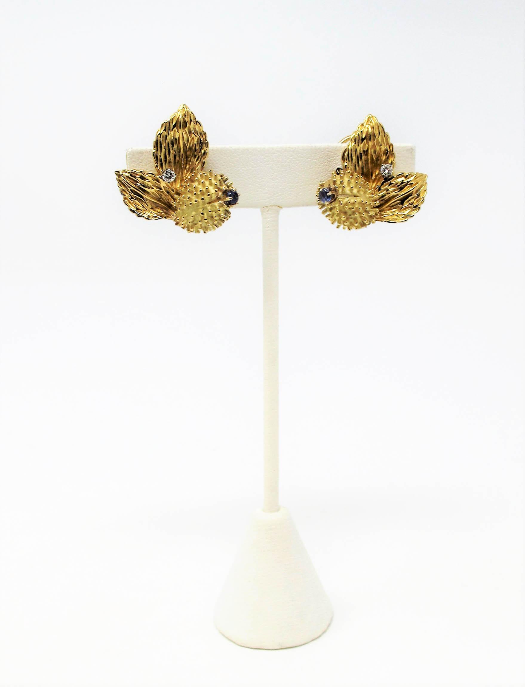 Vintage Tiffany & Co. Sapphire and Diamond Leaf Botanical Earrings 18 Karat Gold 3
