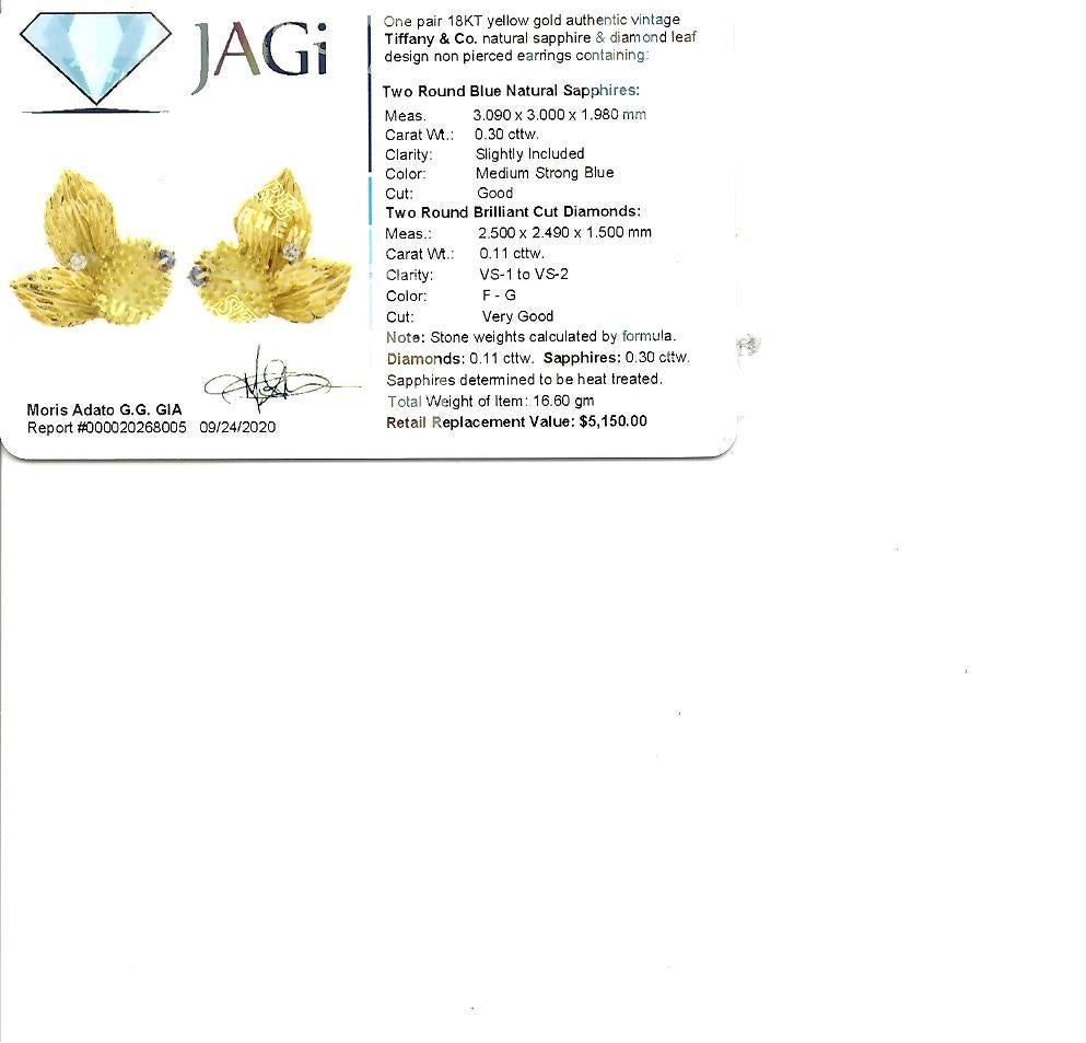 Vintage Tiffany & Co. Sapphire and Diamond Leaf Botanical Earrings 18 Karat Gold 5