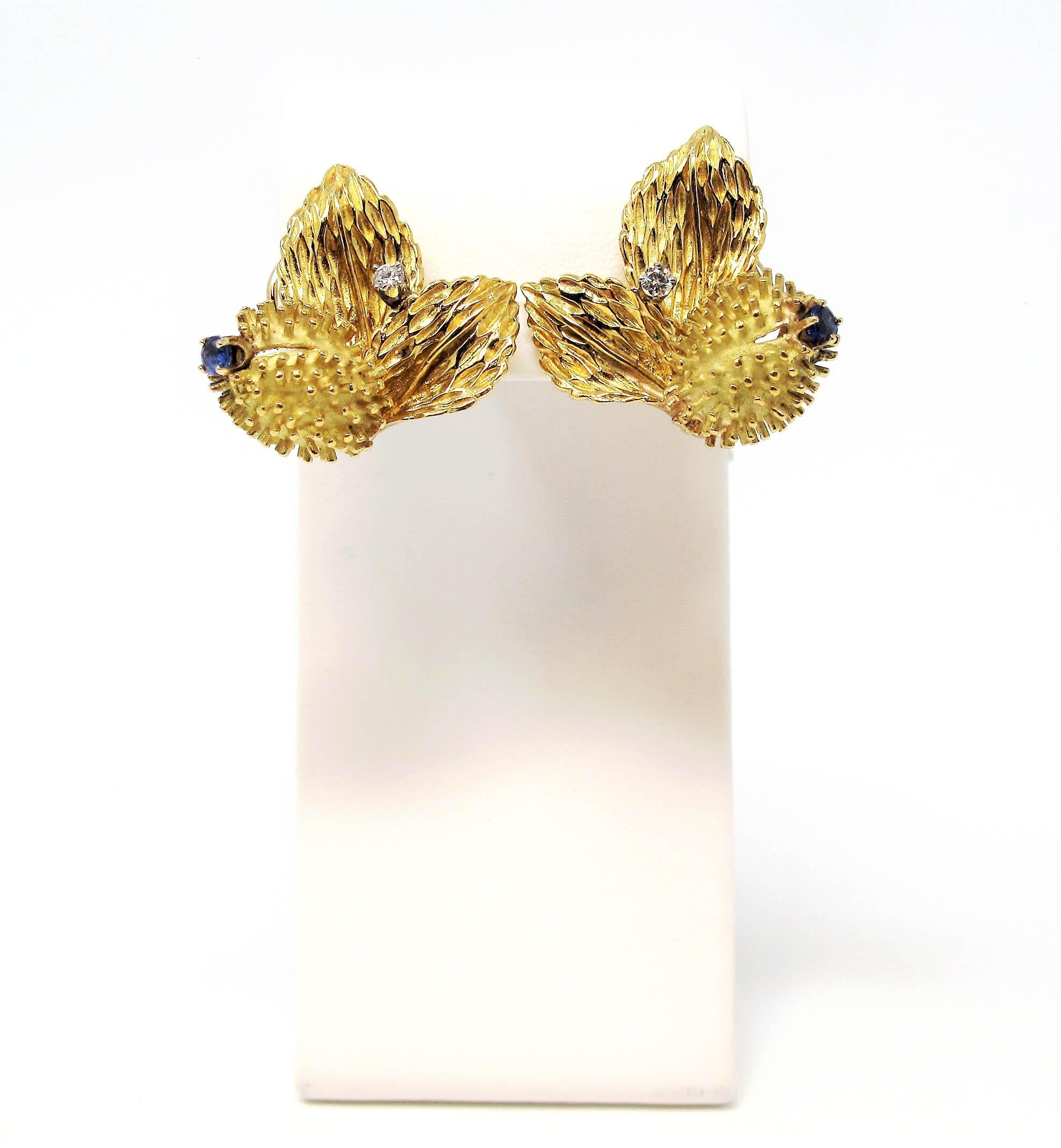 Contemporary Vintage Tiffany & Co. Sapphire and Diamond Leaf Botanical Earrings 18 Karat Gold