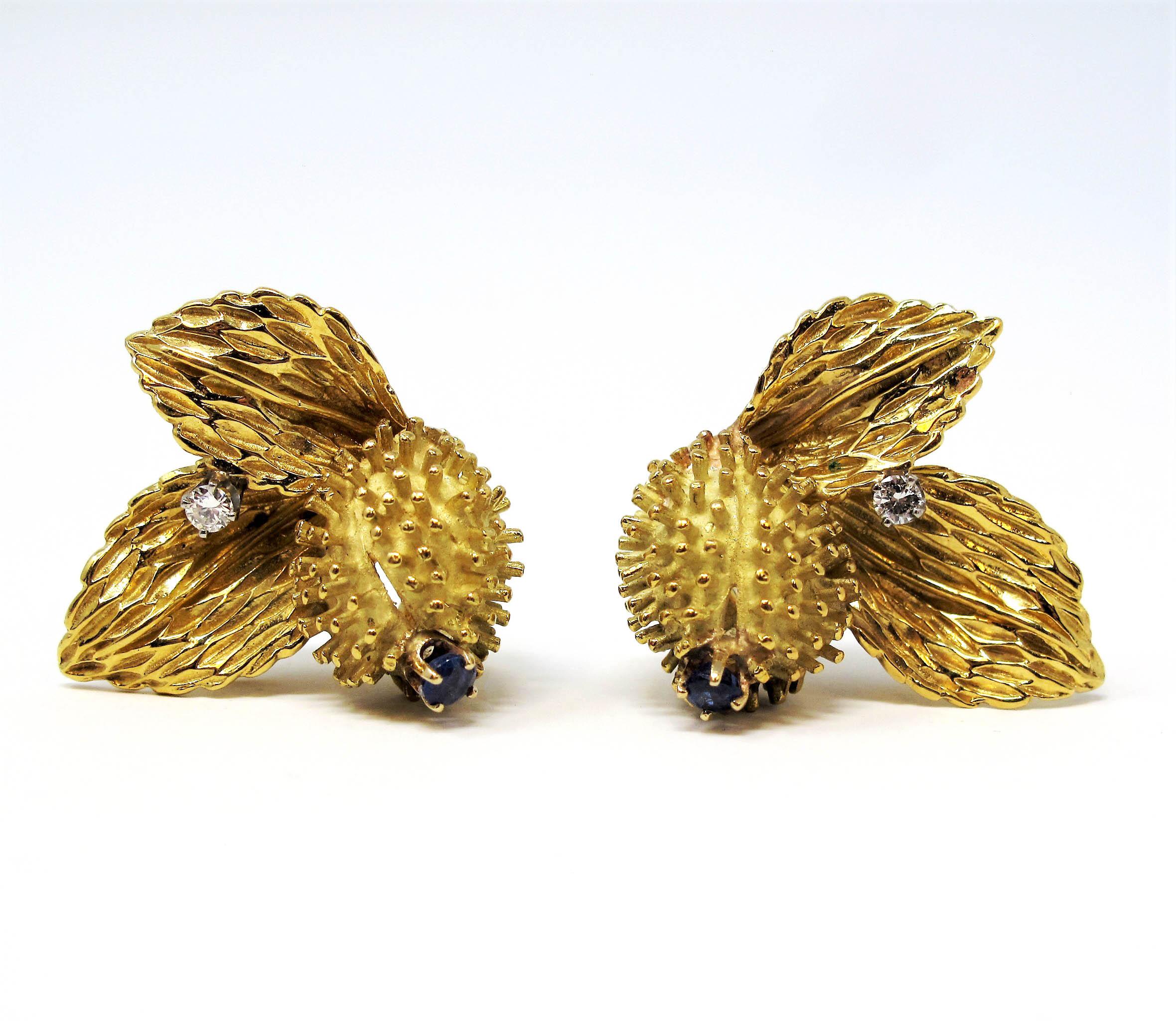 Vintage Tiffany & Co. Sapphire and Diamond Leaf Botanical Earrings 18 Karat Gold In Good Condition In Scottsdale, AZ