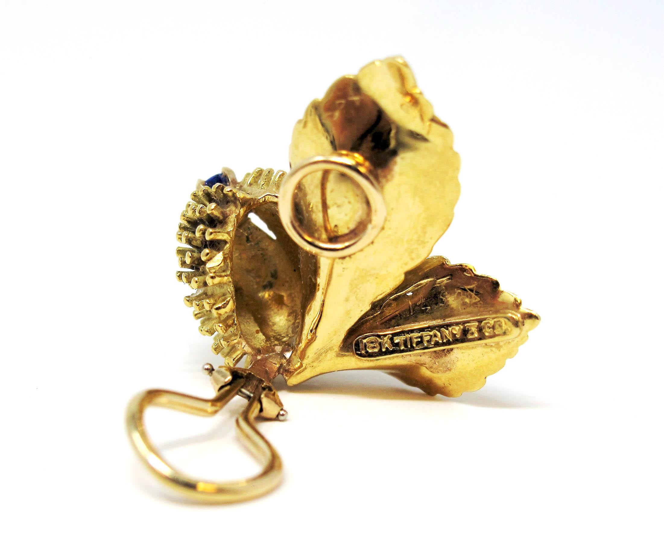 Women's Vintage Tiffany & Co. Sapphire and Diamond Leaf Botanical Earrings 18 Karat Gold