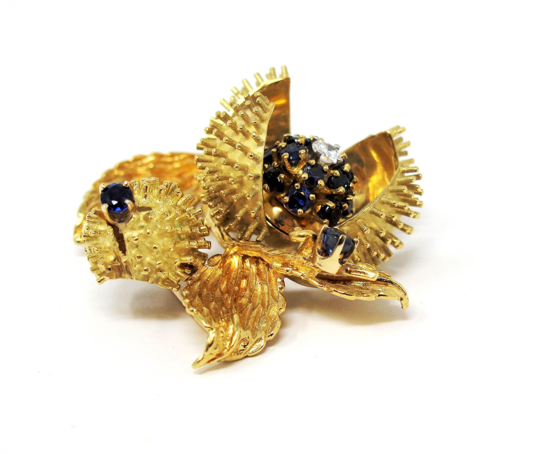 Vintage Tiffany & Co. Sapphire and Diamond Open Flower Brooch 18 Karat Gold 3